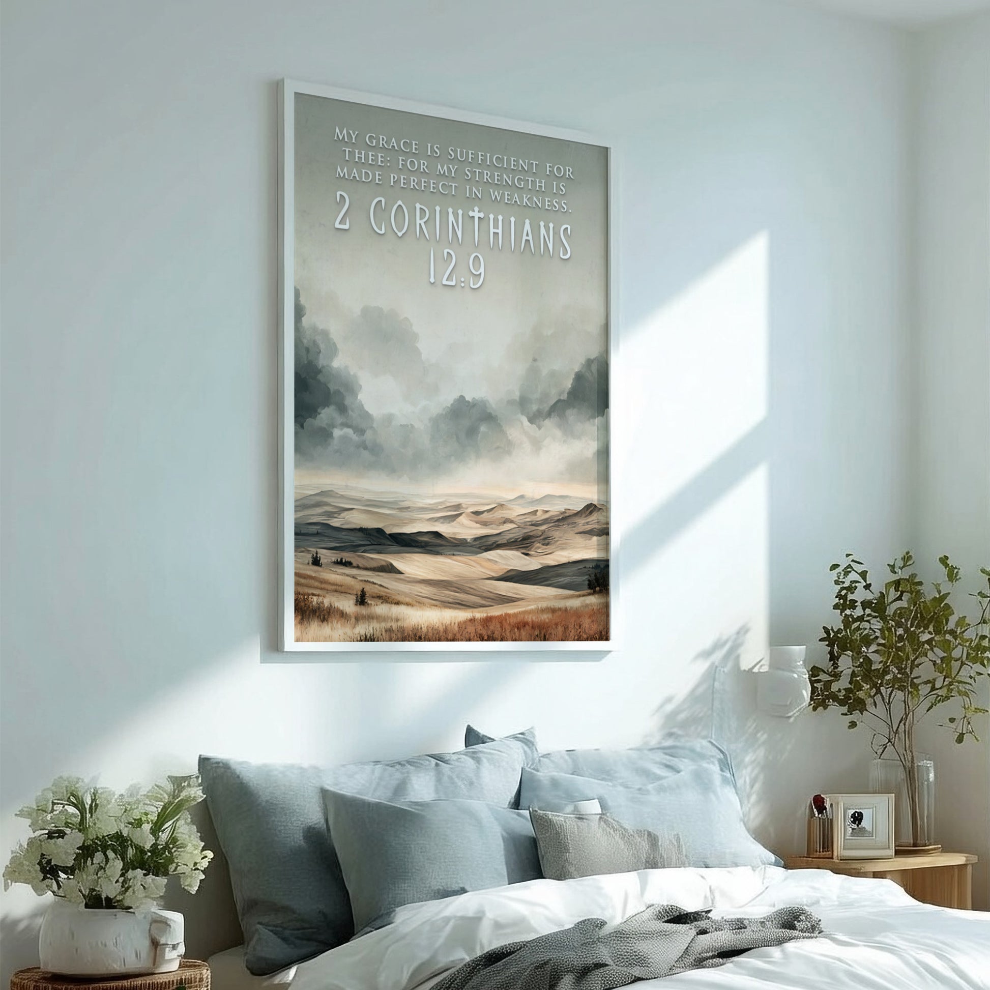 Poster featuring rolling hills and cloudy skies with 2 Corinthians 12:9 text overlay.