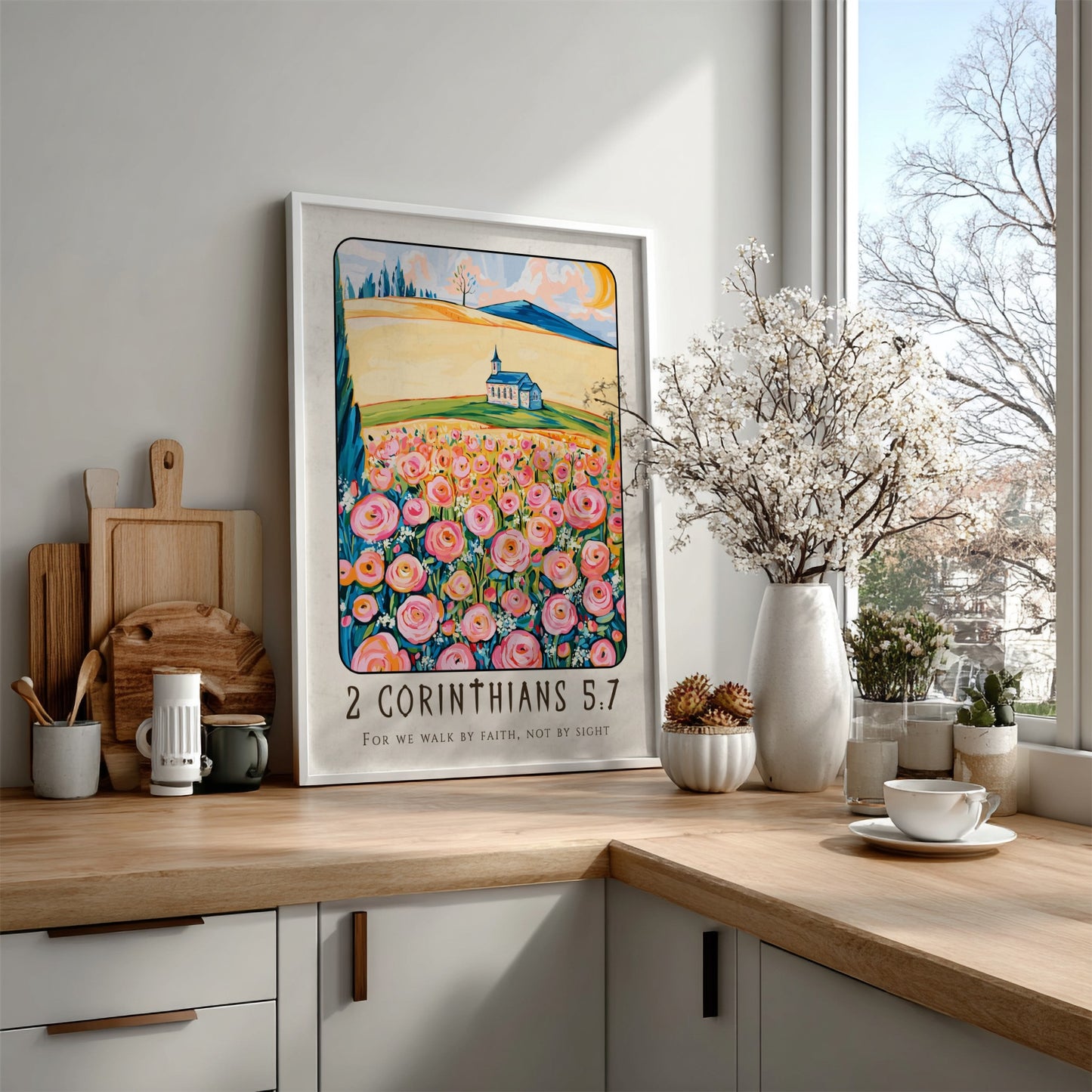 2 Corinthians 5:7 poster featuring vibrant flowers and a church, inspirational religion art for home decor