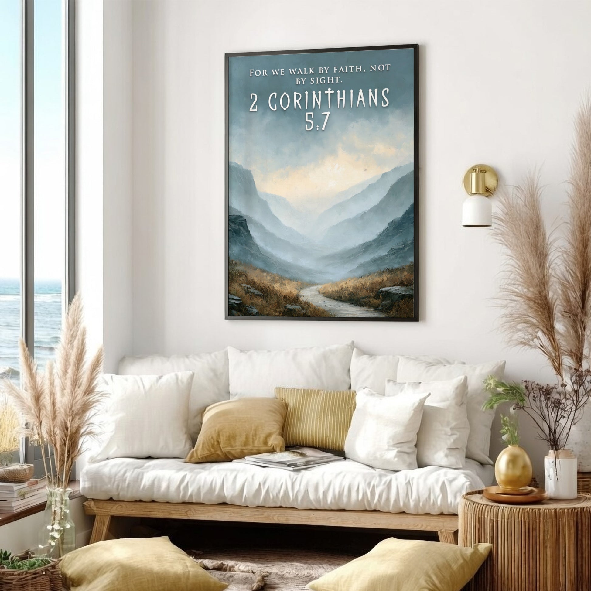 Poster featuring a winding path through misty mountain peaks with 2 Corinthians 5:7 text.