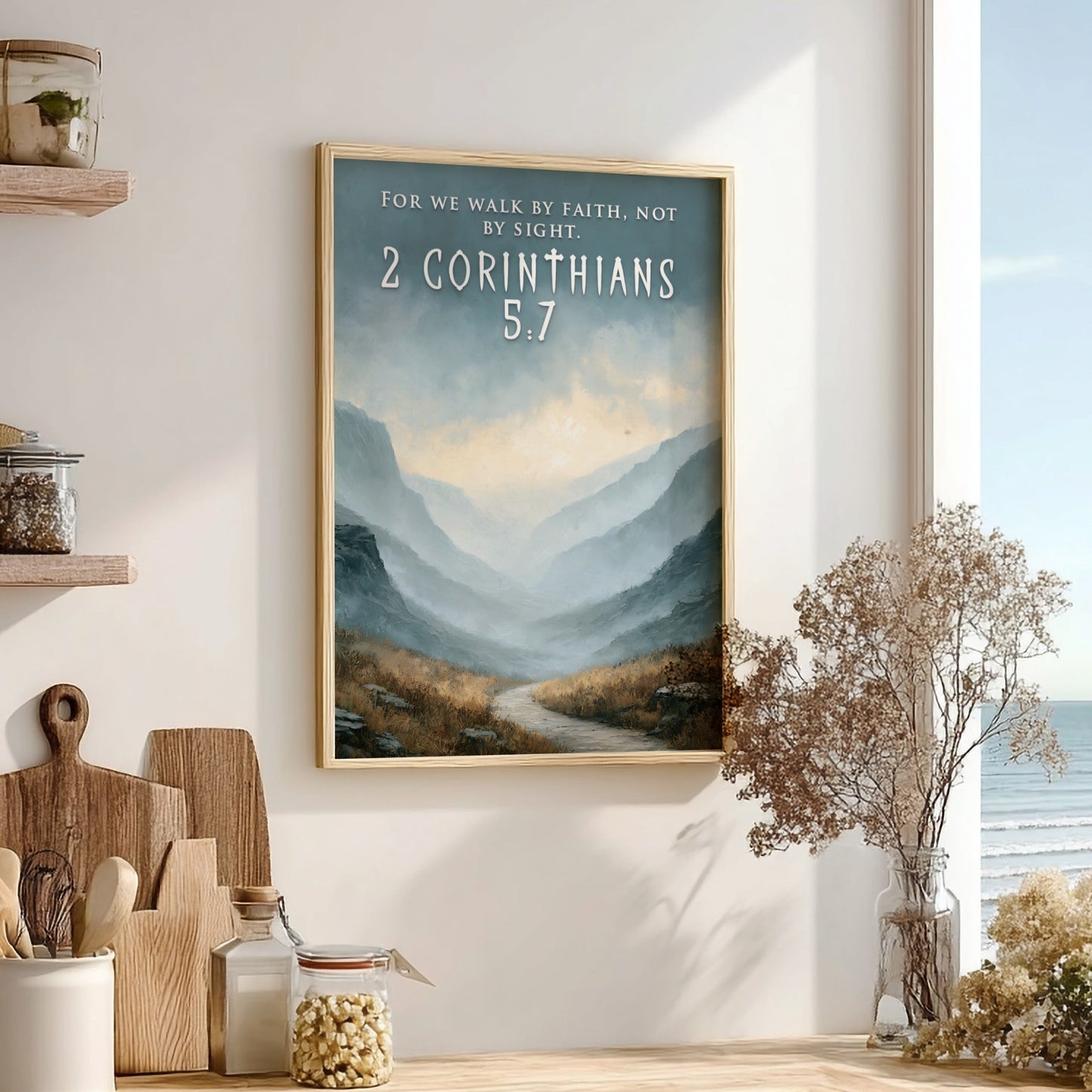 Poster featuring a winding path through misty mountain peaks with 2 Corinthians 5:7 text.