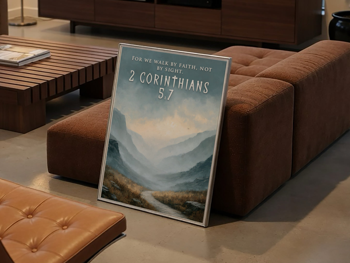Poster featuring a winding path through misty mountain peaks with 2 Corinthians 5:7 text.