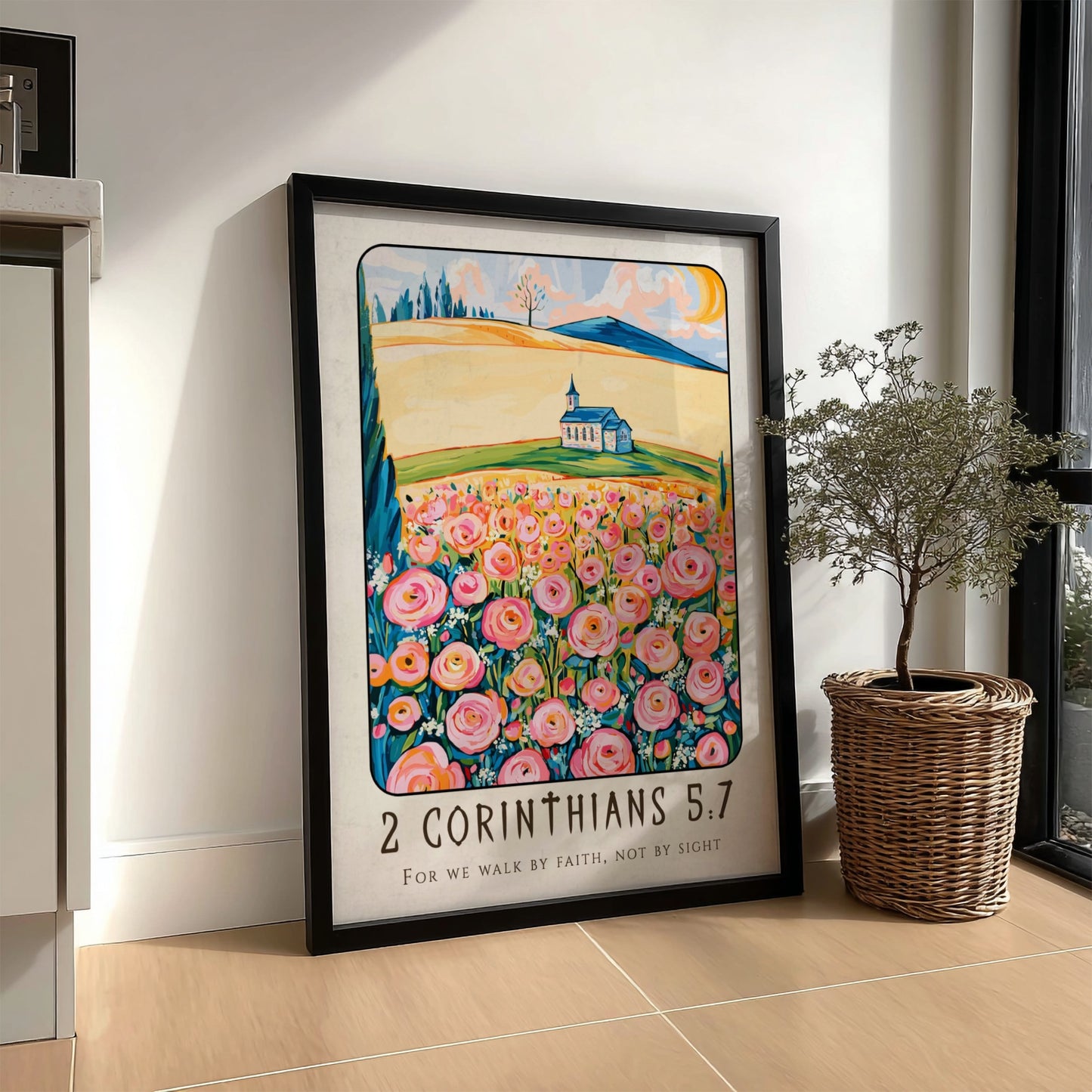 2 Corinthians 5:7 poster featuring vibrant flowers and a church, inspirational religion art for home decor