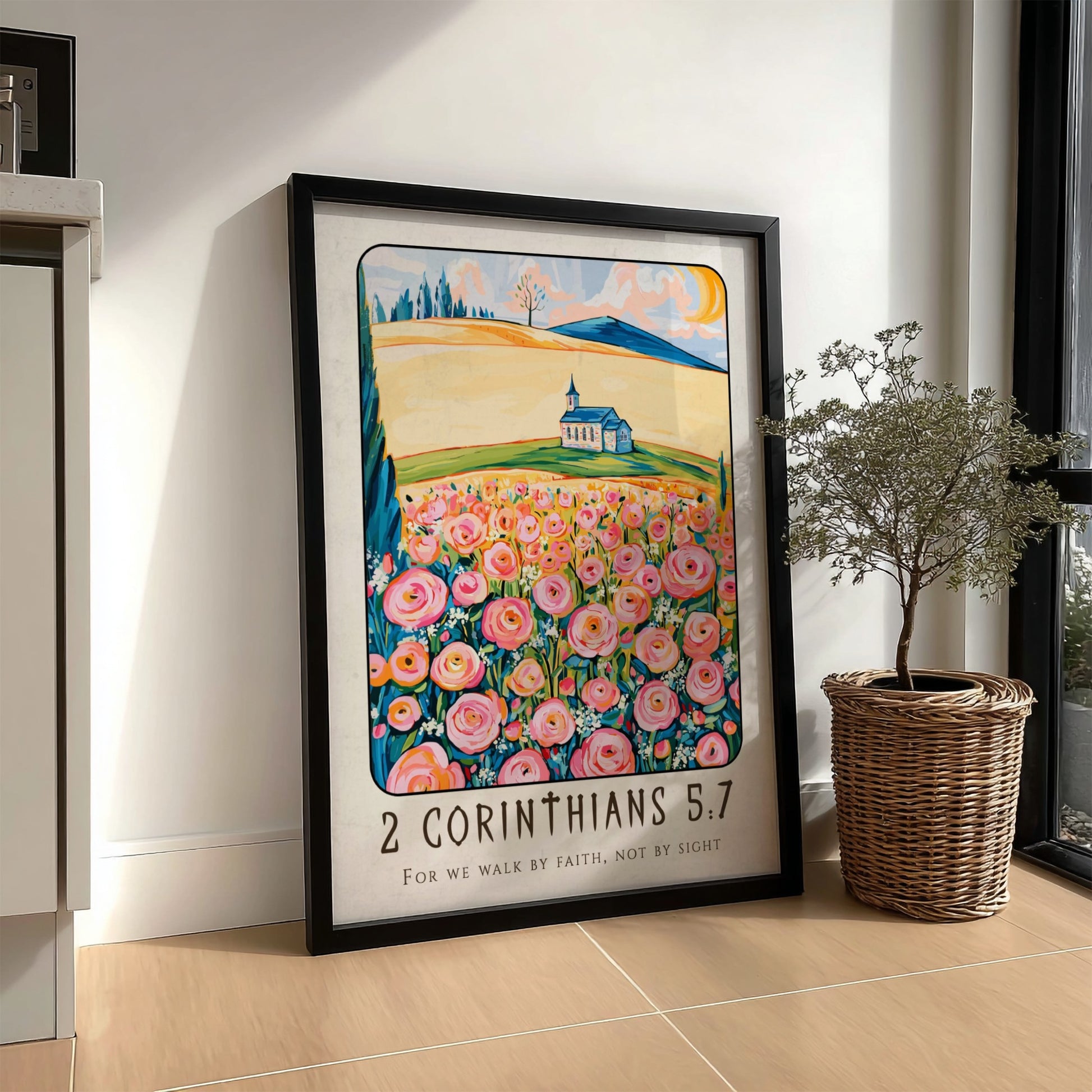 2 Corinthians 5:7 poster featuring vibrant flowers and a church, inspirational religion art for home decor