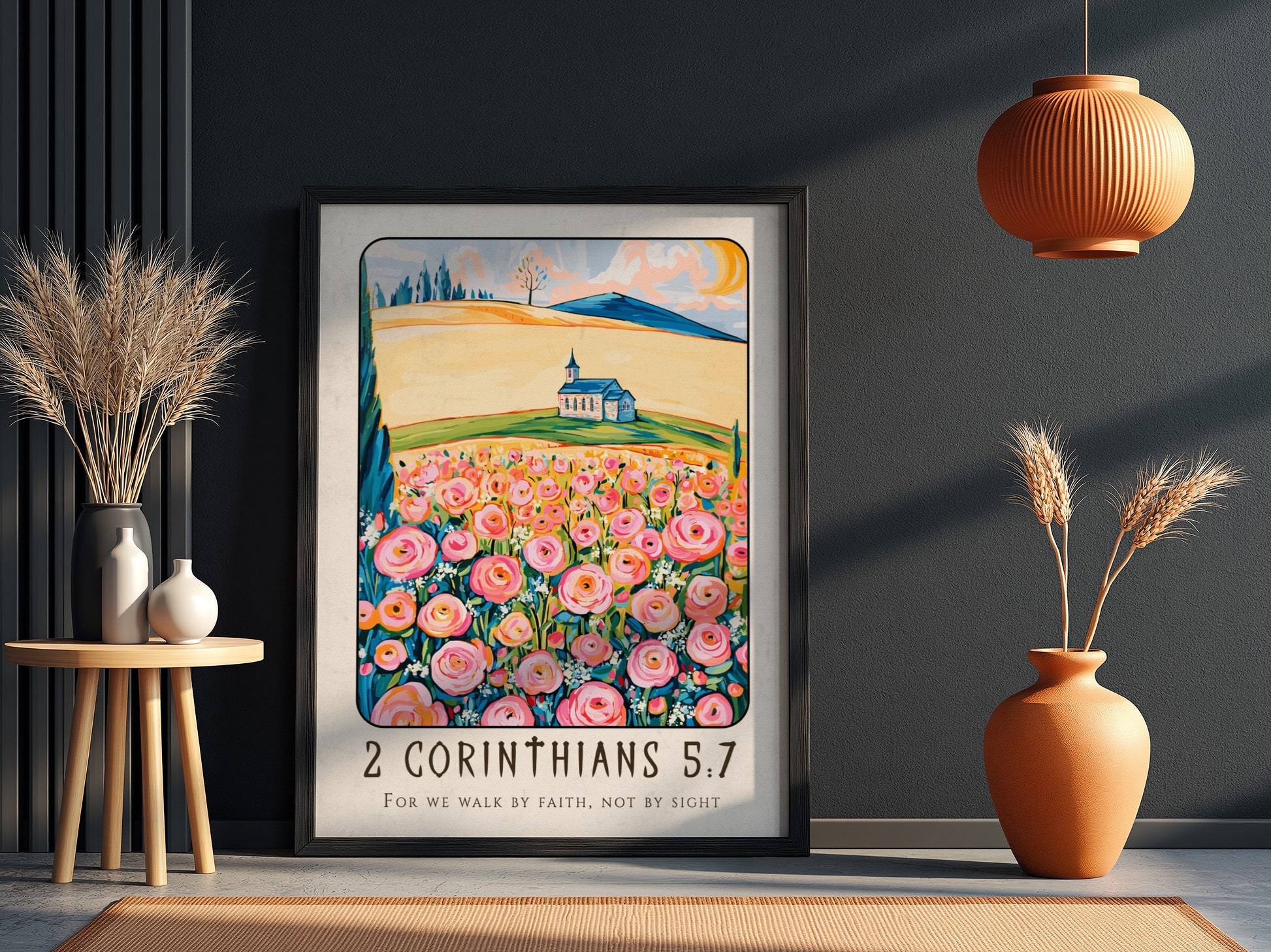 2 Corinthians 5:7 poster featuring vibrant flowers and a church, inspirational religion art for home decor