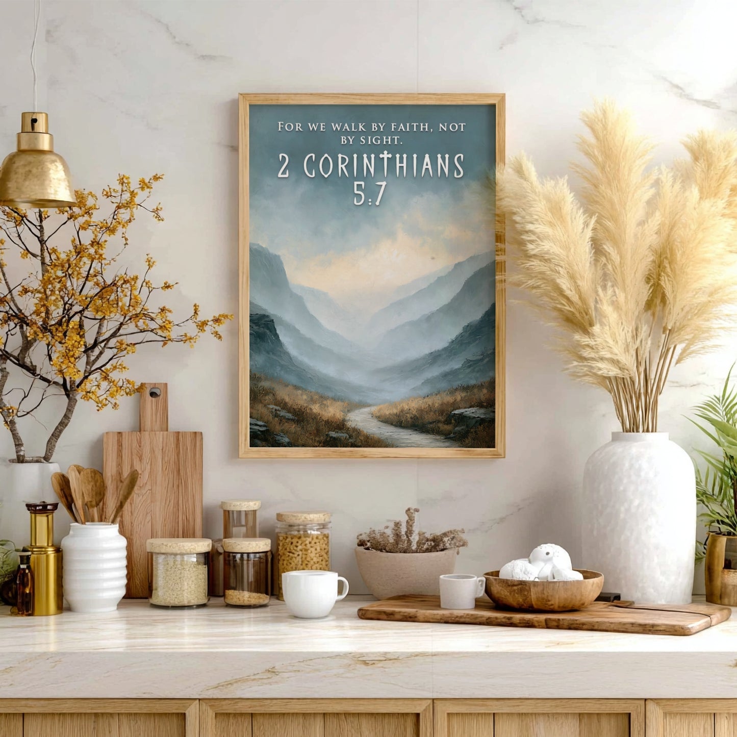 Poster featuring a winding path through misty mountain peaks with 2 Corinthians 5:7 text.