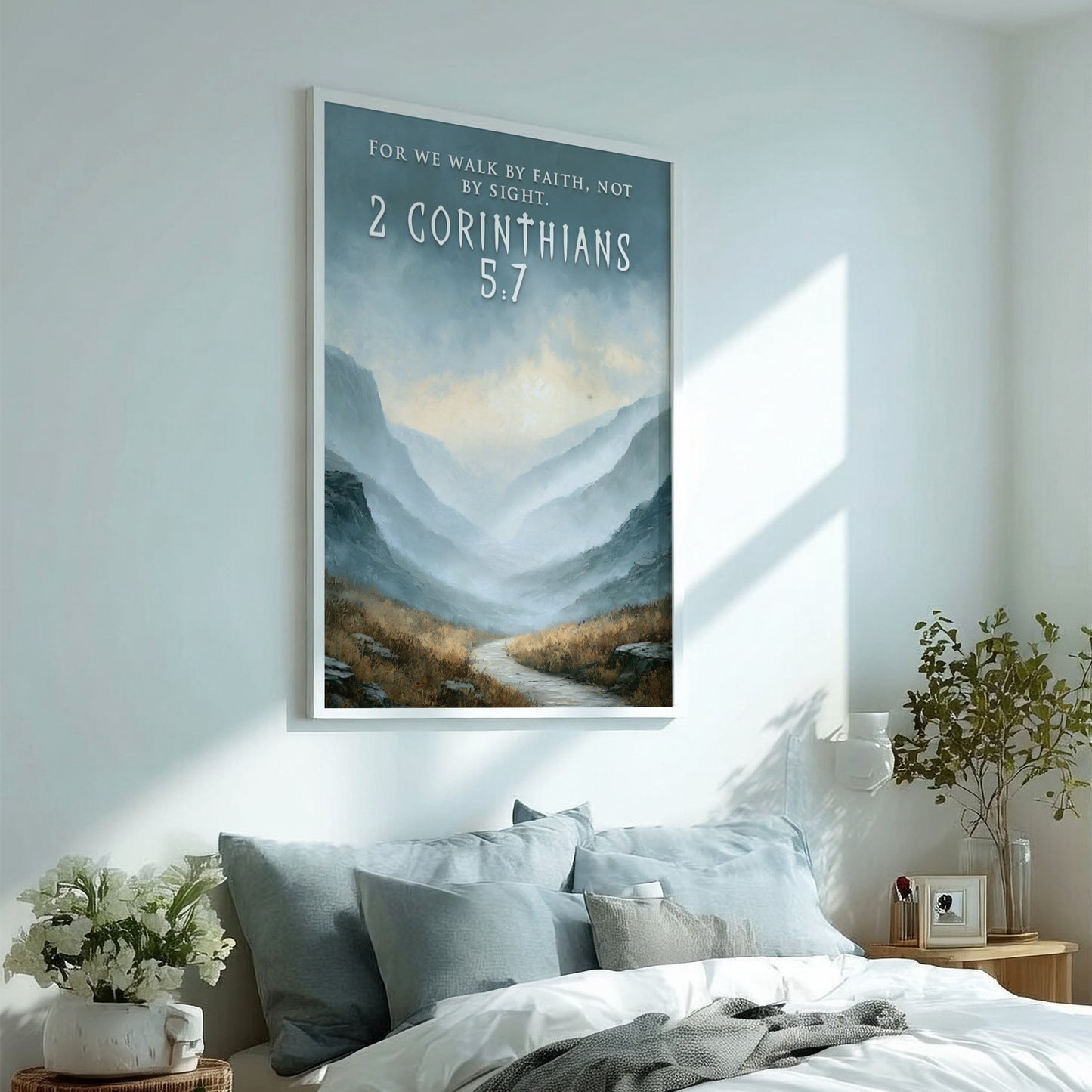 Poster featuring a winding path through misty mountain peaks with 2 Corinthians 5:7 text.