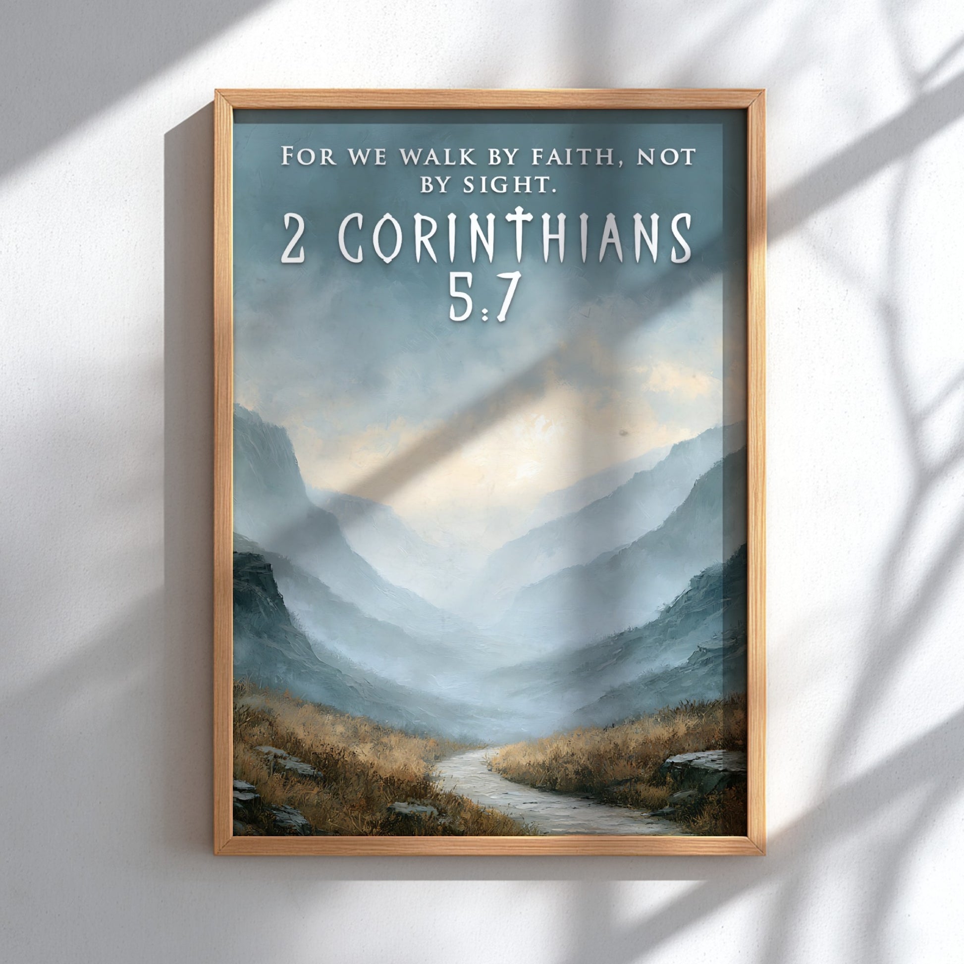 Poster featuring a winding path through misty mountain peaks with 2 Corinthians 5:7 text.