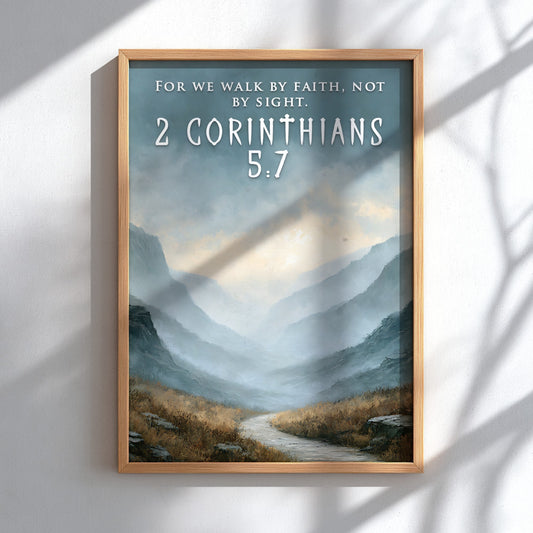 Poster featuring a winding path through misty mountain peaks with 2 Corinthians 5:7 text.