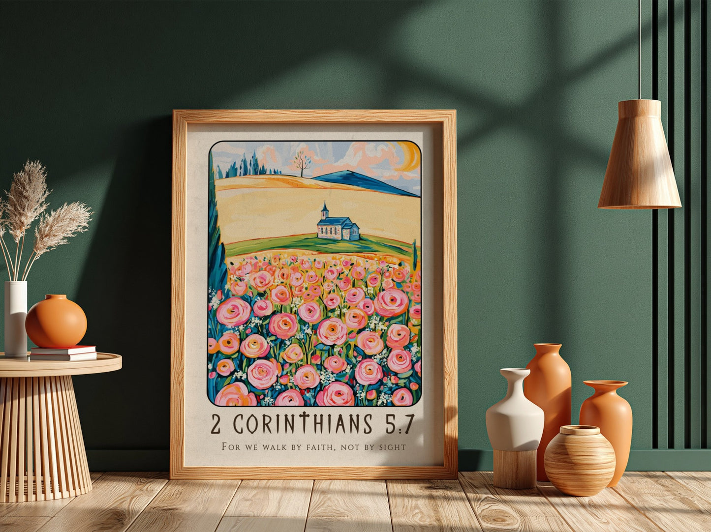 2 Corinthians 5:7 poster featuring vibrant flowers and a church, inspirational religion art for home decor
