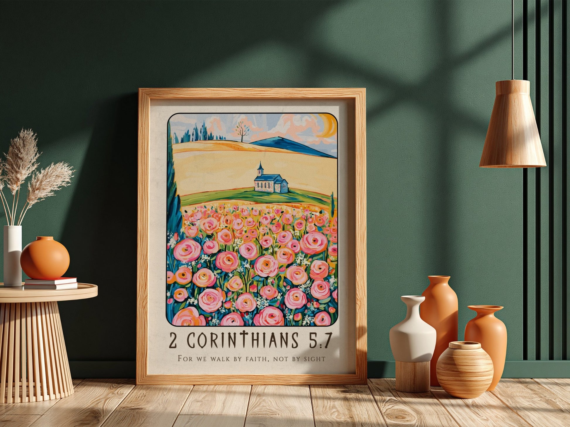 2 Corinthians 5:7 poster featuring vibrant flowers and a church, inspirational religion art for home decor