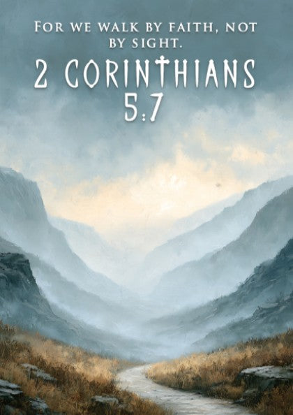 Poster featuring a winding path through misty mountain peaks with 2 Corinthians 5:7 text.