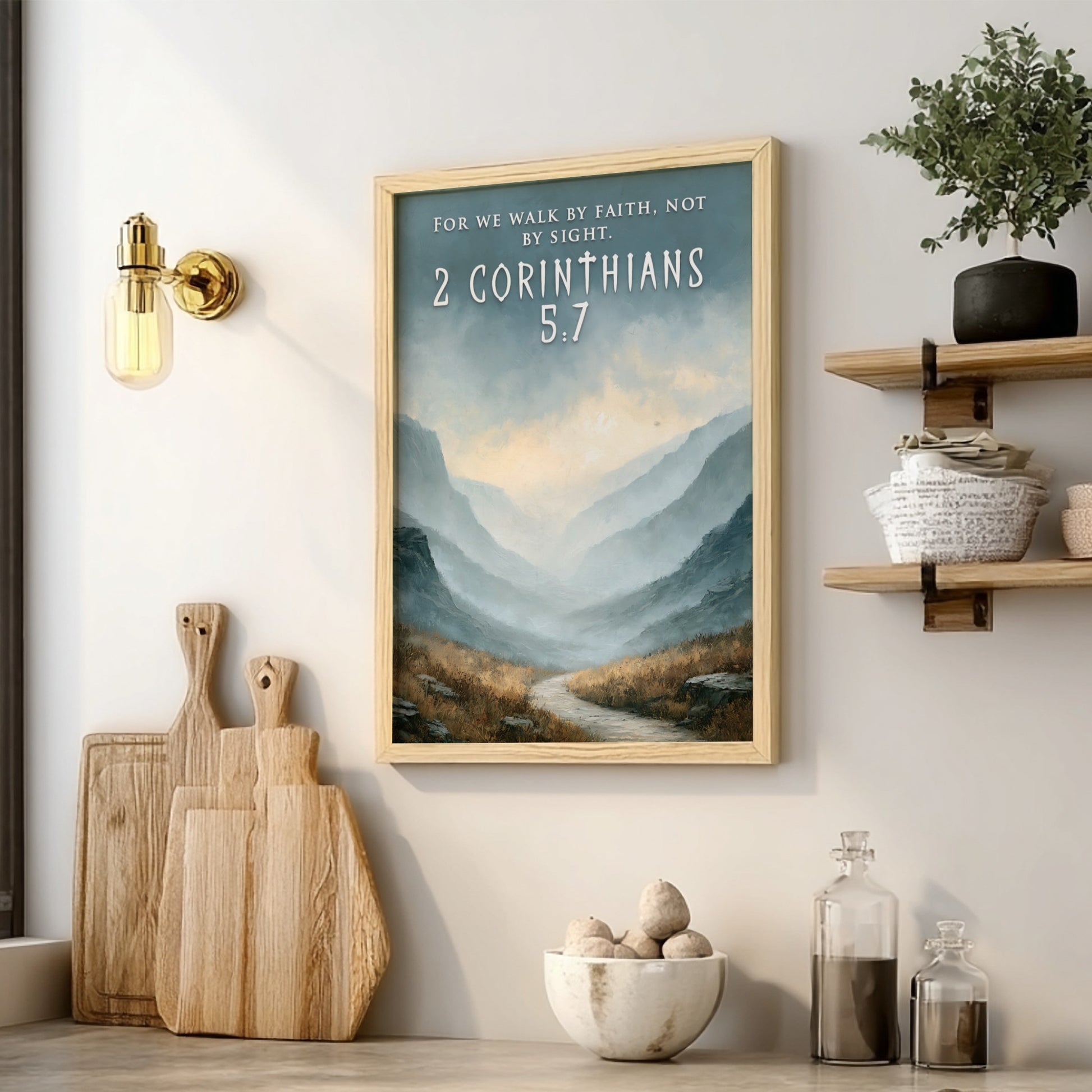 Poster featuring a winding path through misty mountain peaks with 2 Corinthians 5:7 text.