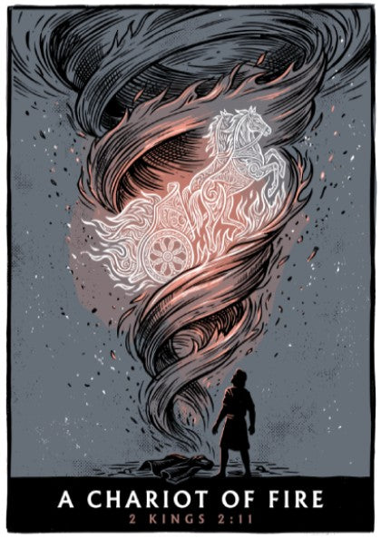 Poster featuring a chariot of fire in a tornado with a lone figure.