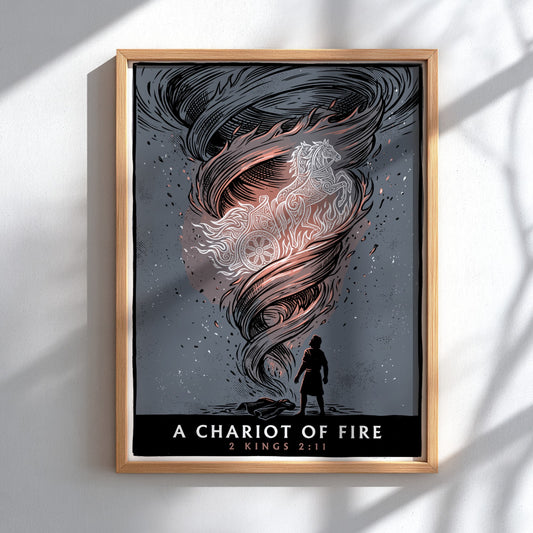 Poster featuring a chariot of fire in a tornado with a lone figure.