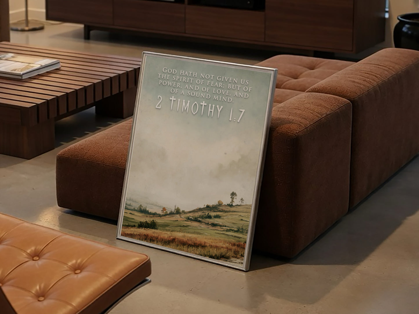 Poster featuring 2 Timothy 1:7 scripture over a soft landscape with rolling hills