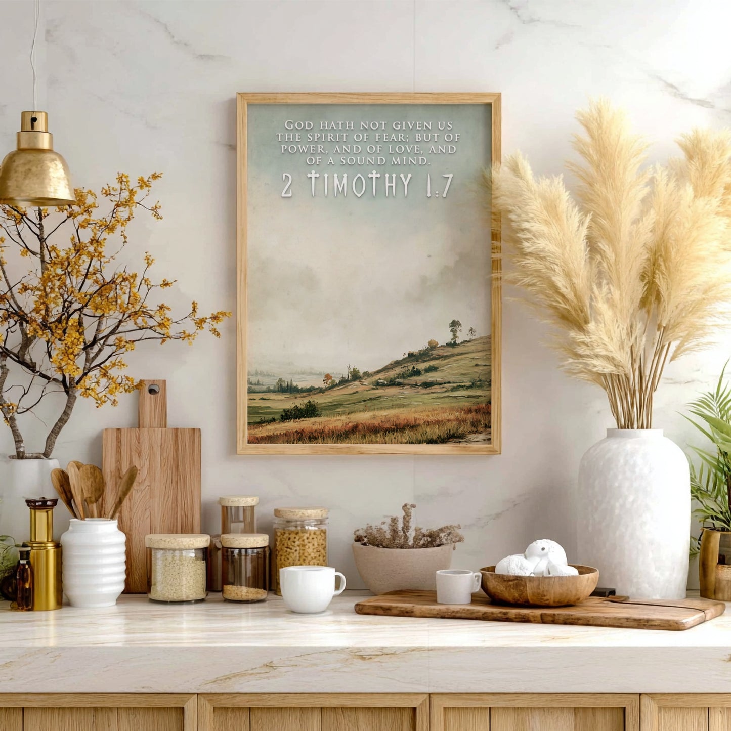 Poster featuring 2 Timothy 1:7 scripture over a soft landscape with rolling hills