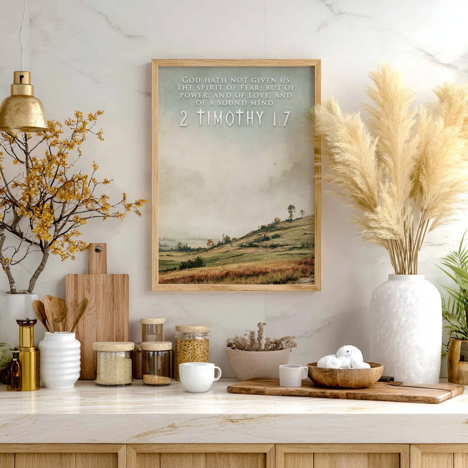 Poster featuring 2 Timothy 1:7 scripture over a soft landscape with rolling hills