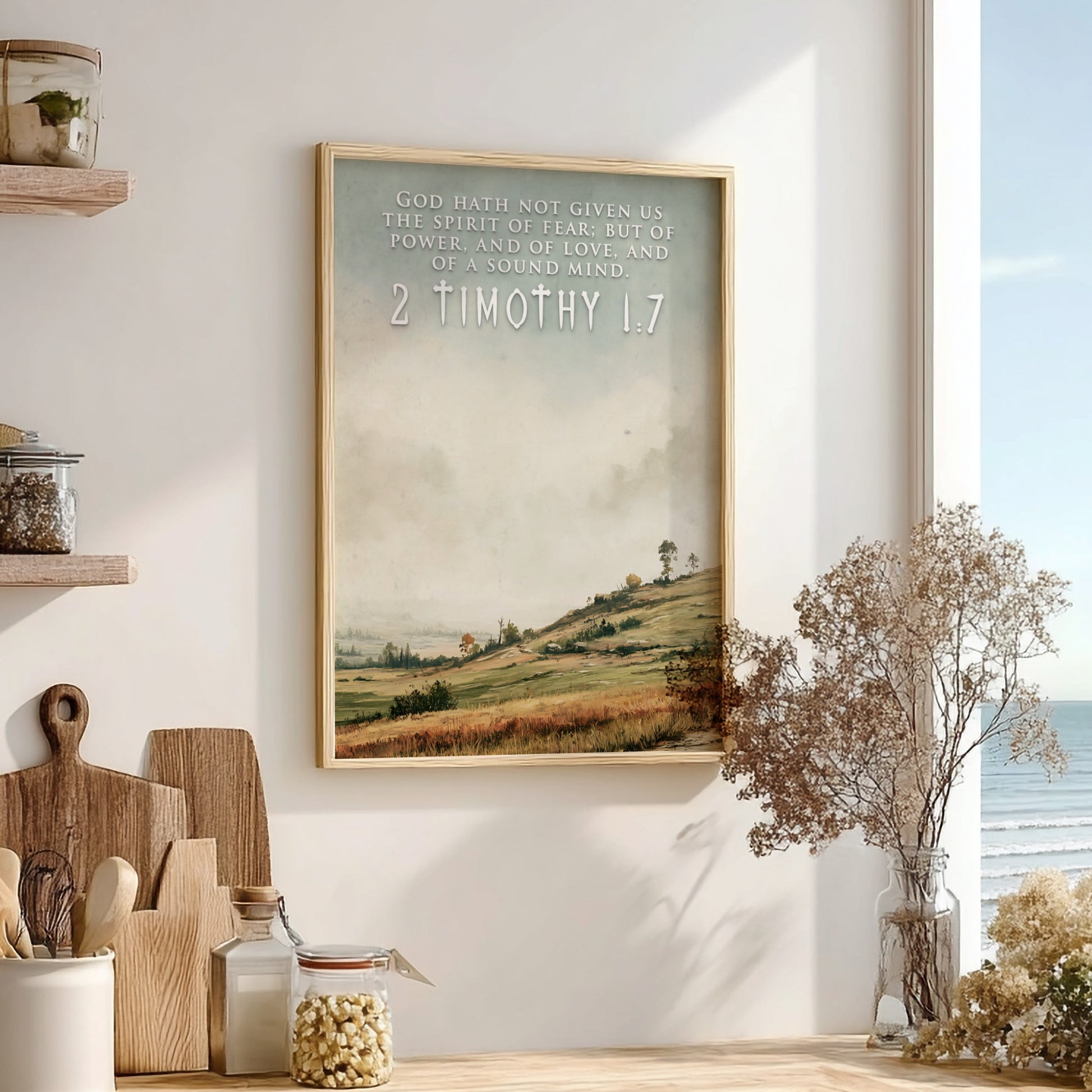Poster featuring 2 Timothy 1:7 scripture over a soft landscape with rolling hills