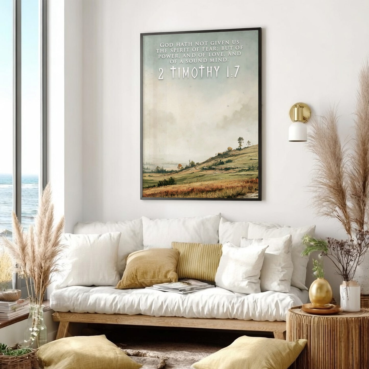 Poster featuring 2 Timothy 1:7 scripture over a soft landscape with rolling hills