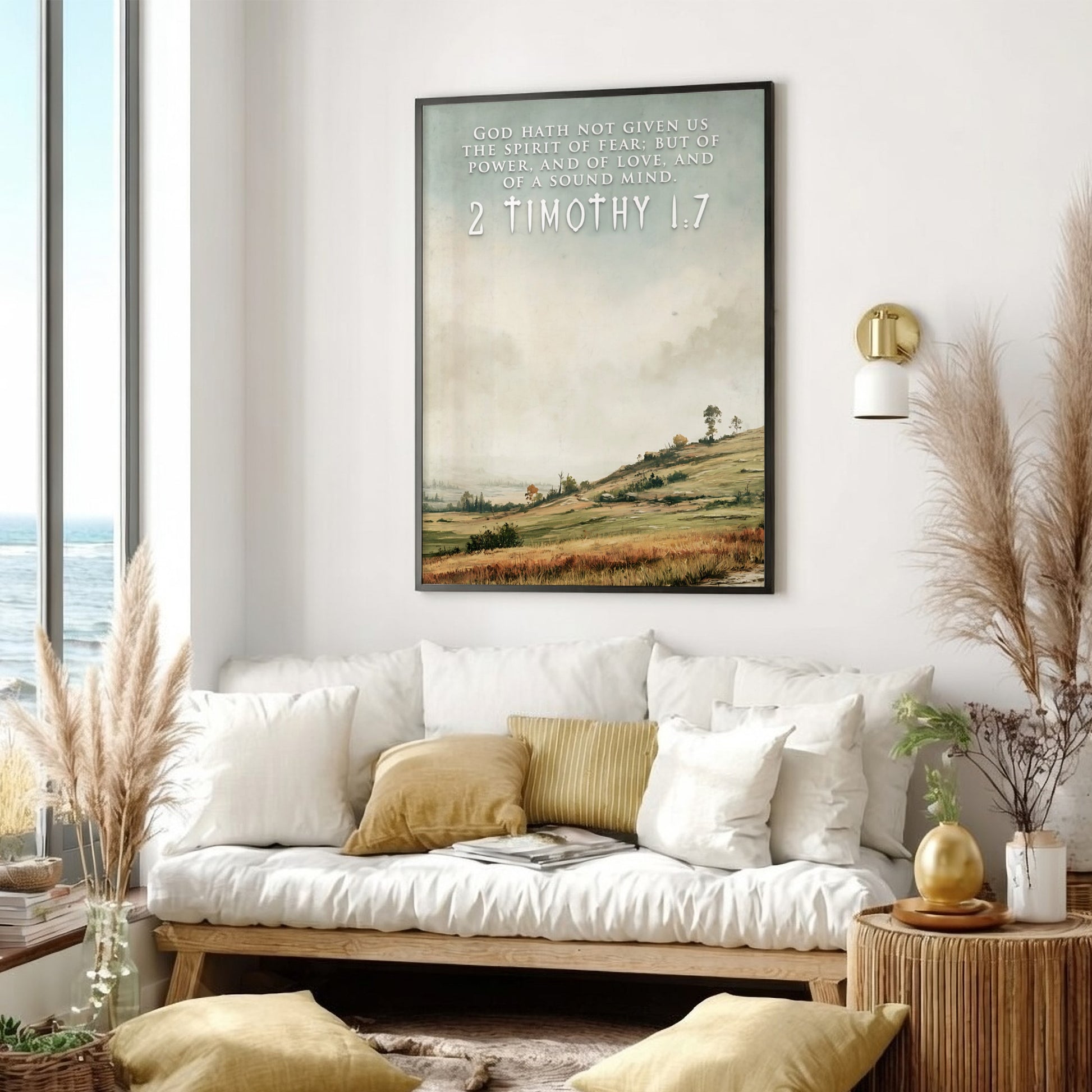 Poster featuring 2 Timothy 1:7 scripture over a soft landscape with rolling hills