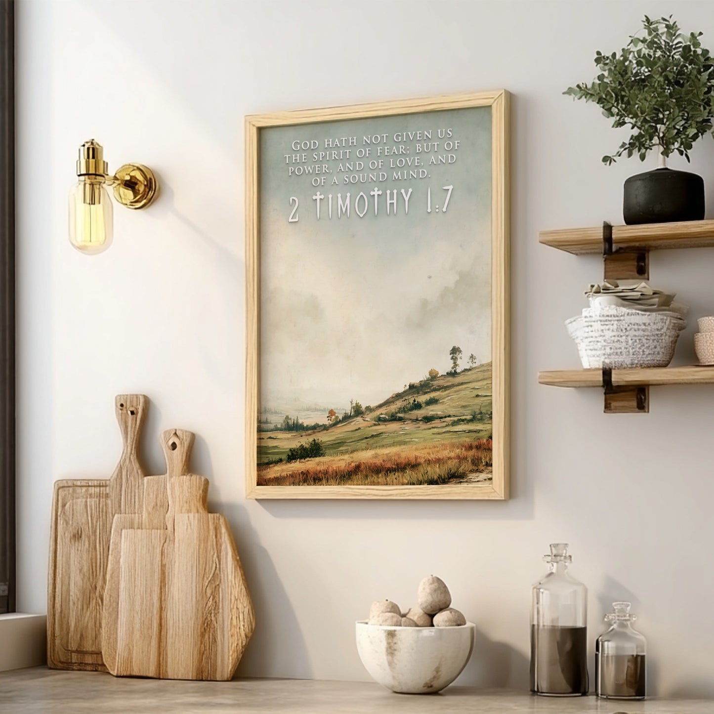 Poster featuring 2 Timothy 1:7 scripture over a soft landscape with rolling hills