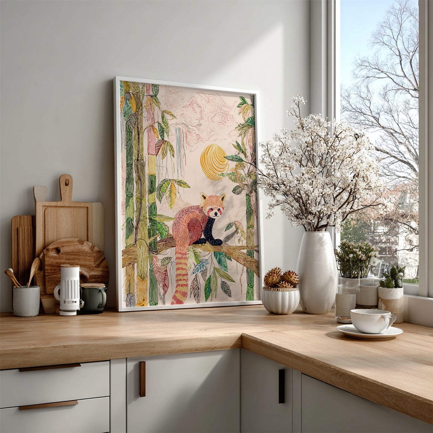Red panda sitting on a branch in a bamboo forest with a soft sunrise, textured art print.
