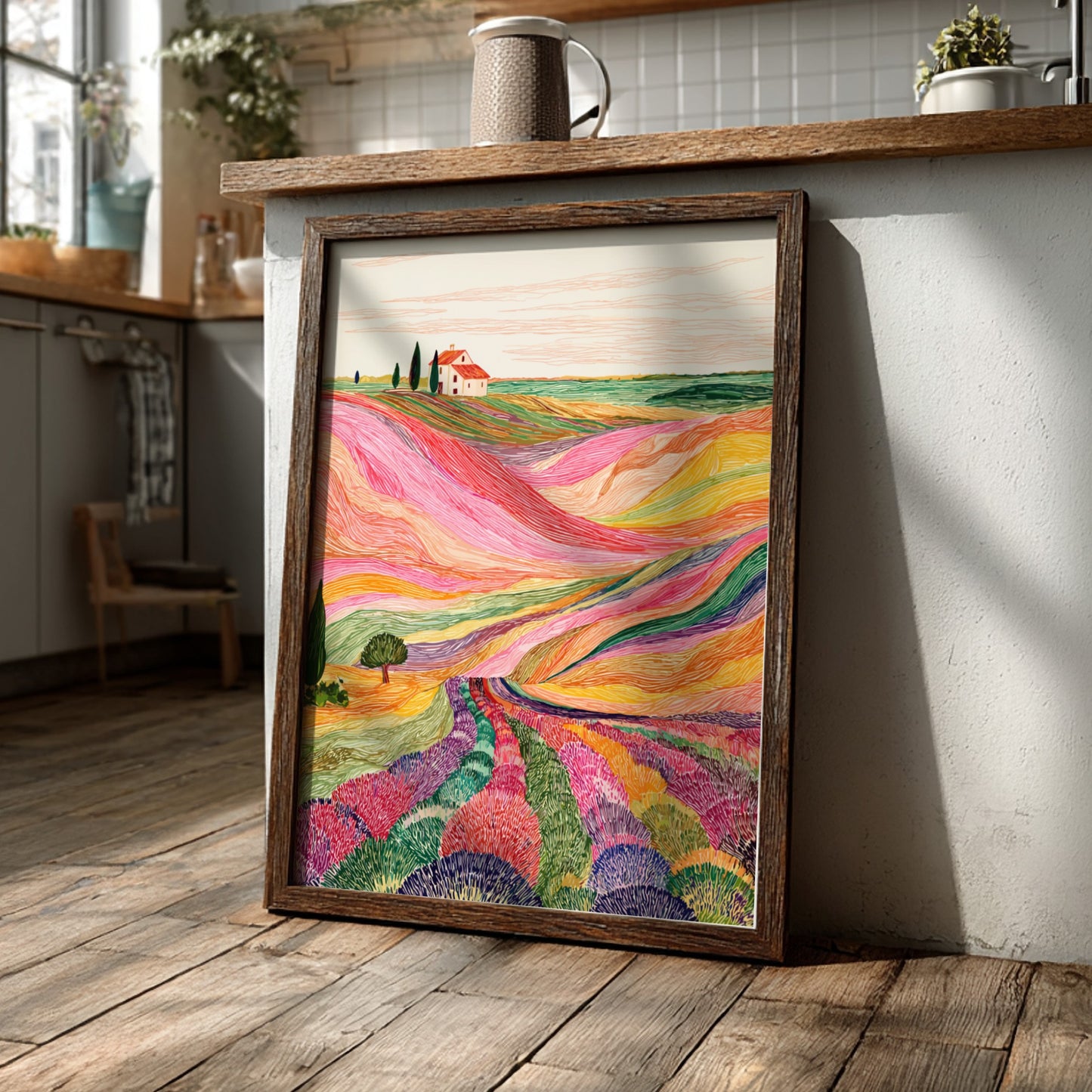 Lavender fields poster with vibrant, textured rows of purple, pink, and yellow flowers leading to a 