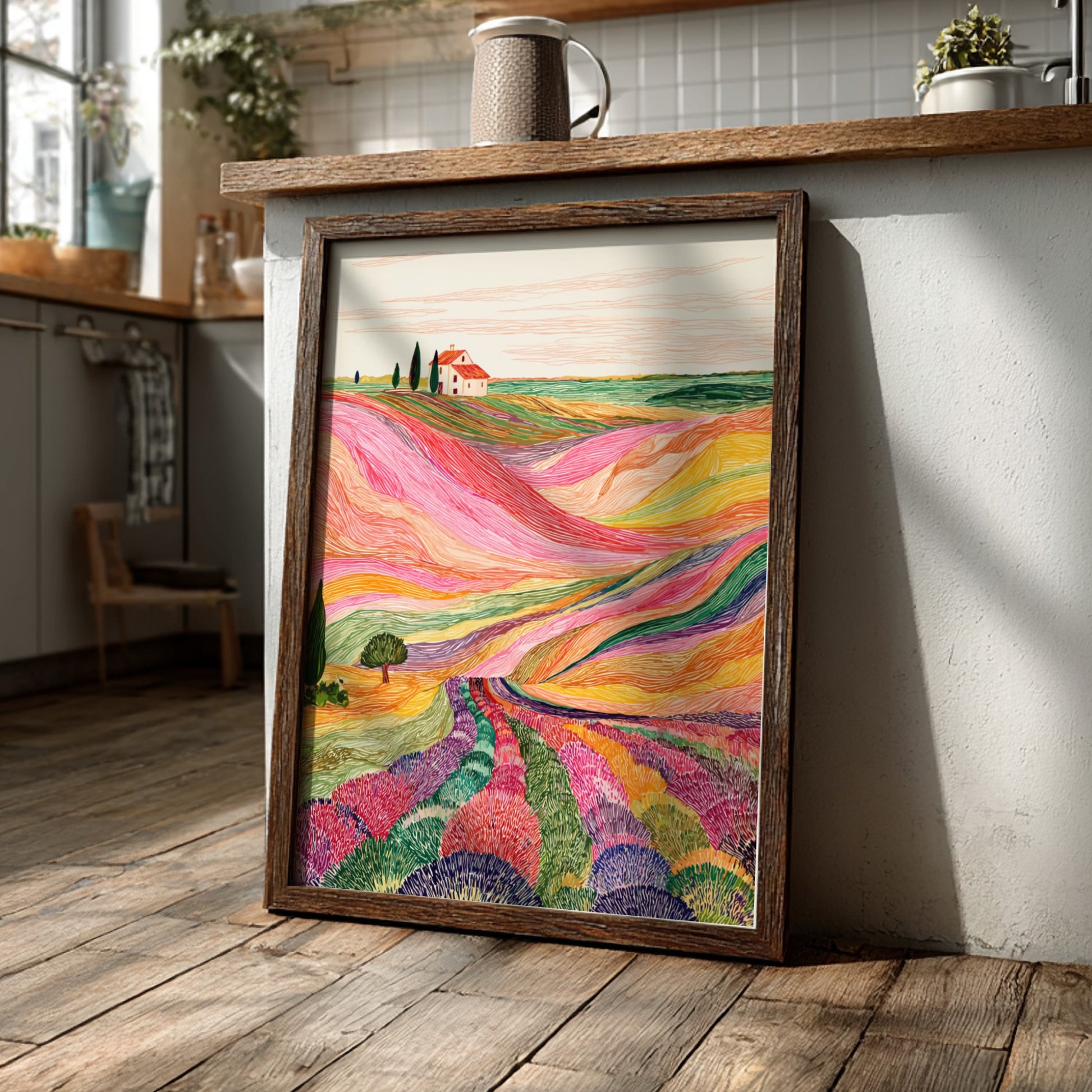 Lavender fields poster with vibrant, textured rows of purple, pink, and yellow flowers leading to a 