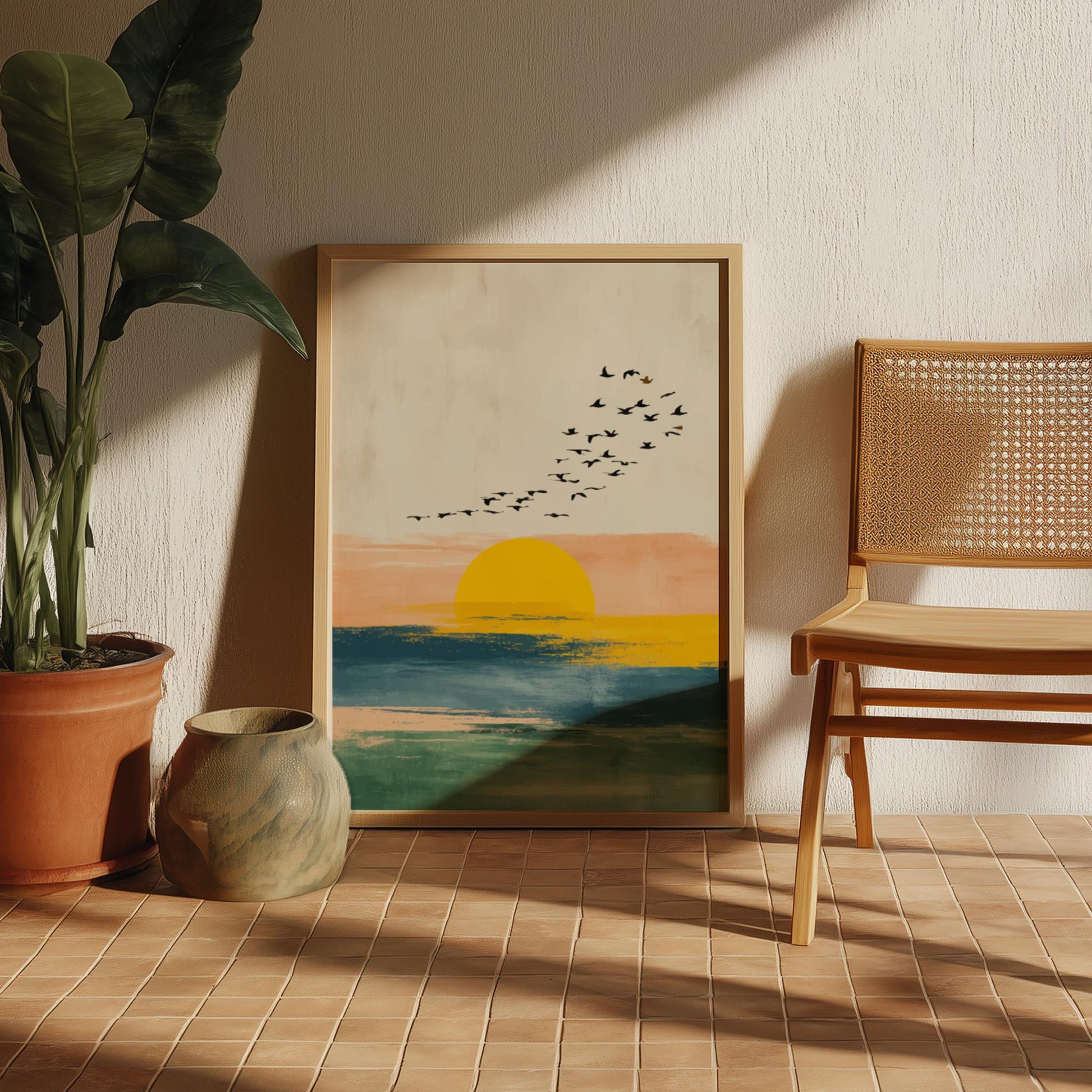 Framed artwork of a sunset scene with birds, placed on a wooden floor next to a plant and chair.