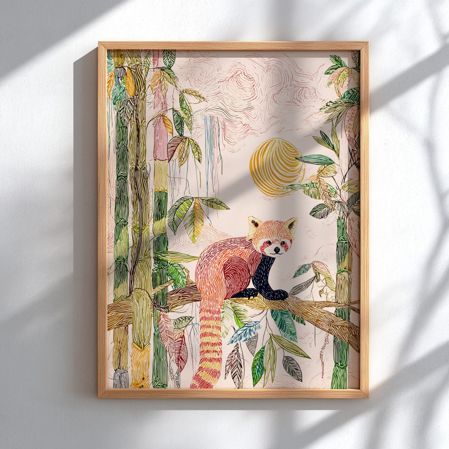 Red panda sitting on a branch in a bamboo forest with a soft sunrise, textured art print.