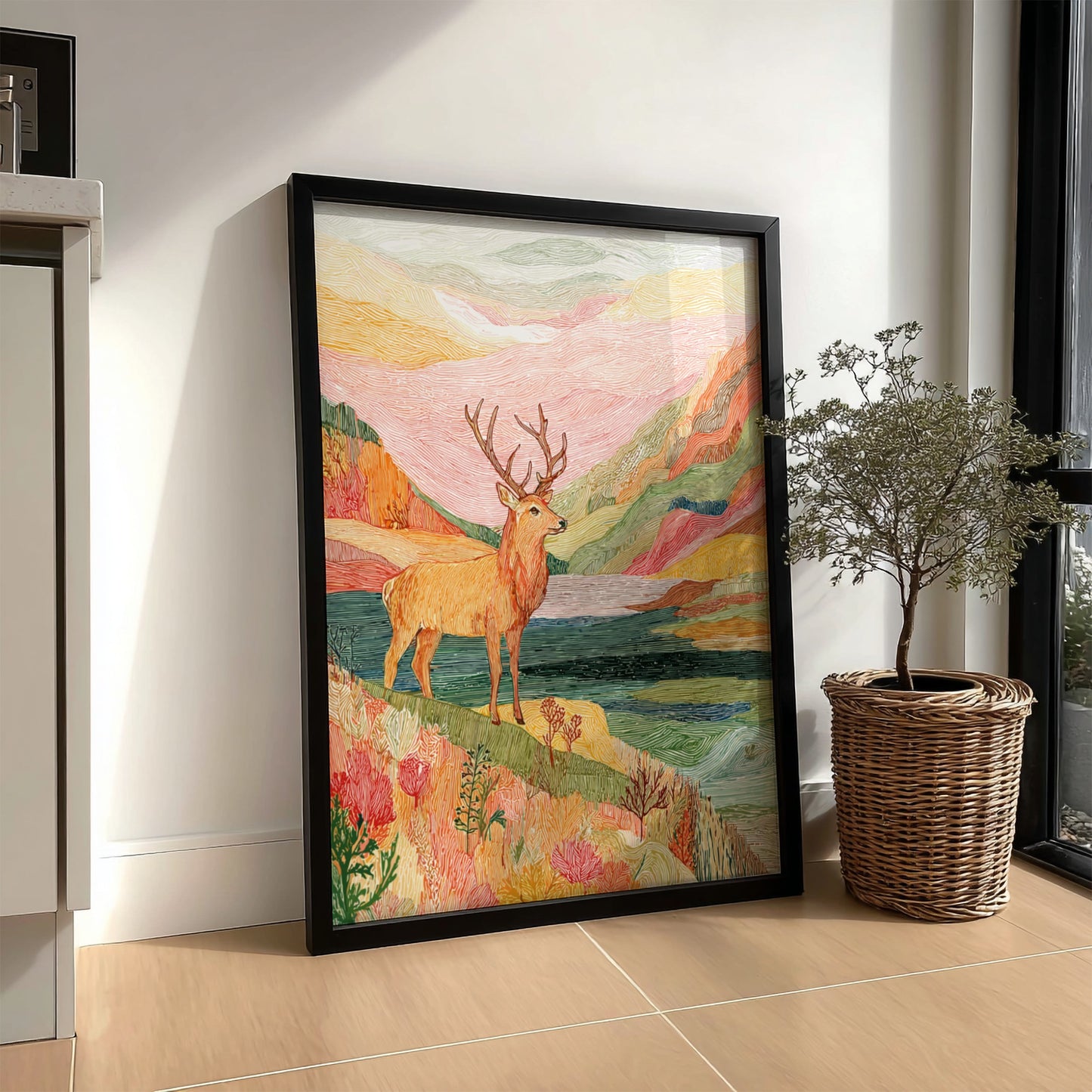 Bog Stag Storm landscape poster with a stag on a colorful hillside overlooking water.