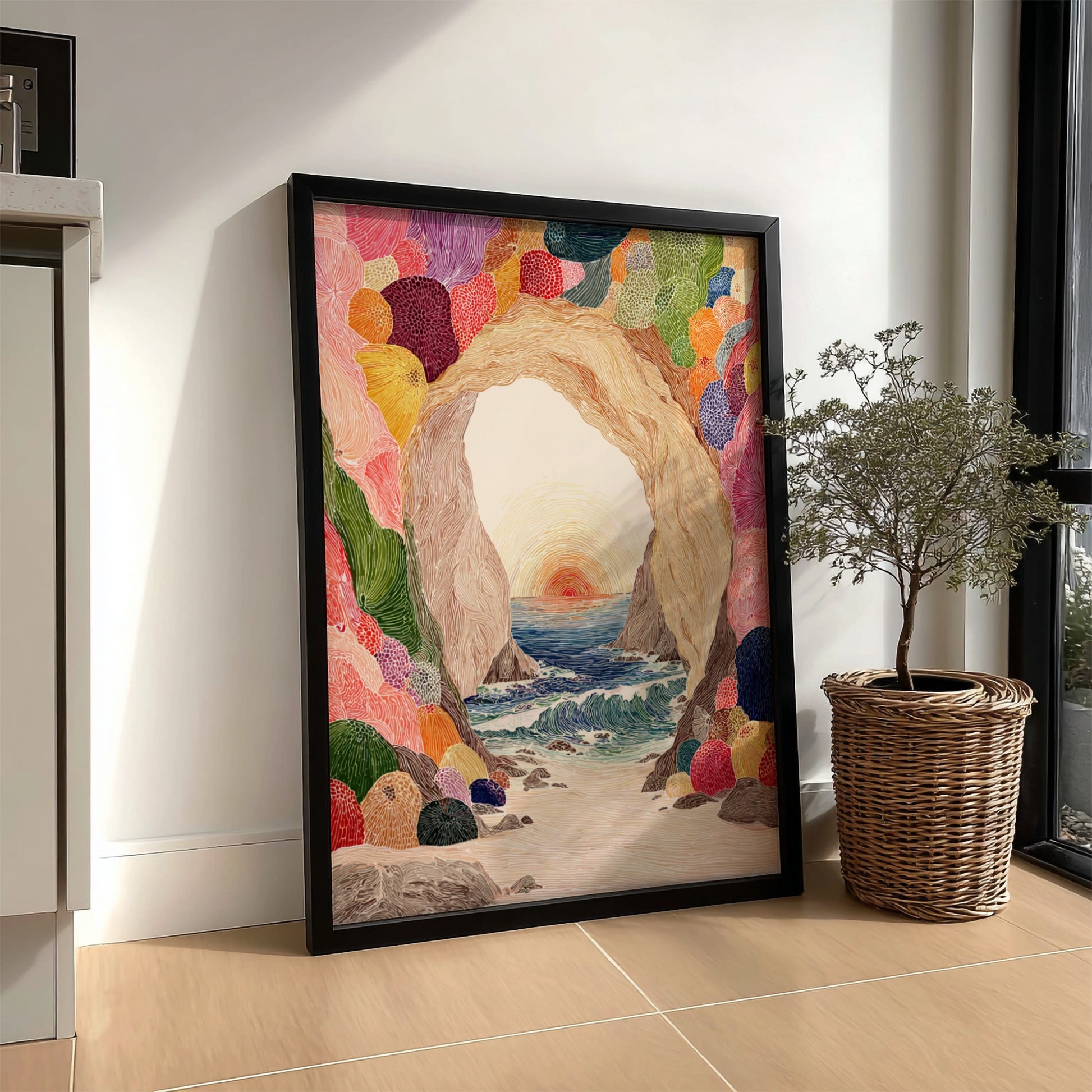 Tide Cave Sunset poster featuring a cave opening overlooking a colorful sunset over the ocean.