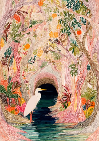 Mangrove Heron Art Print featuring a white heron by a dark water channel in a colorful, textured for