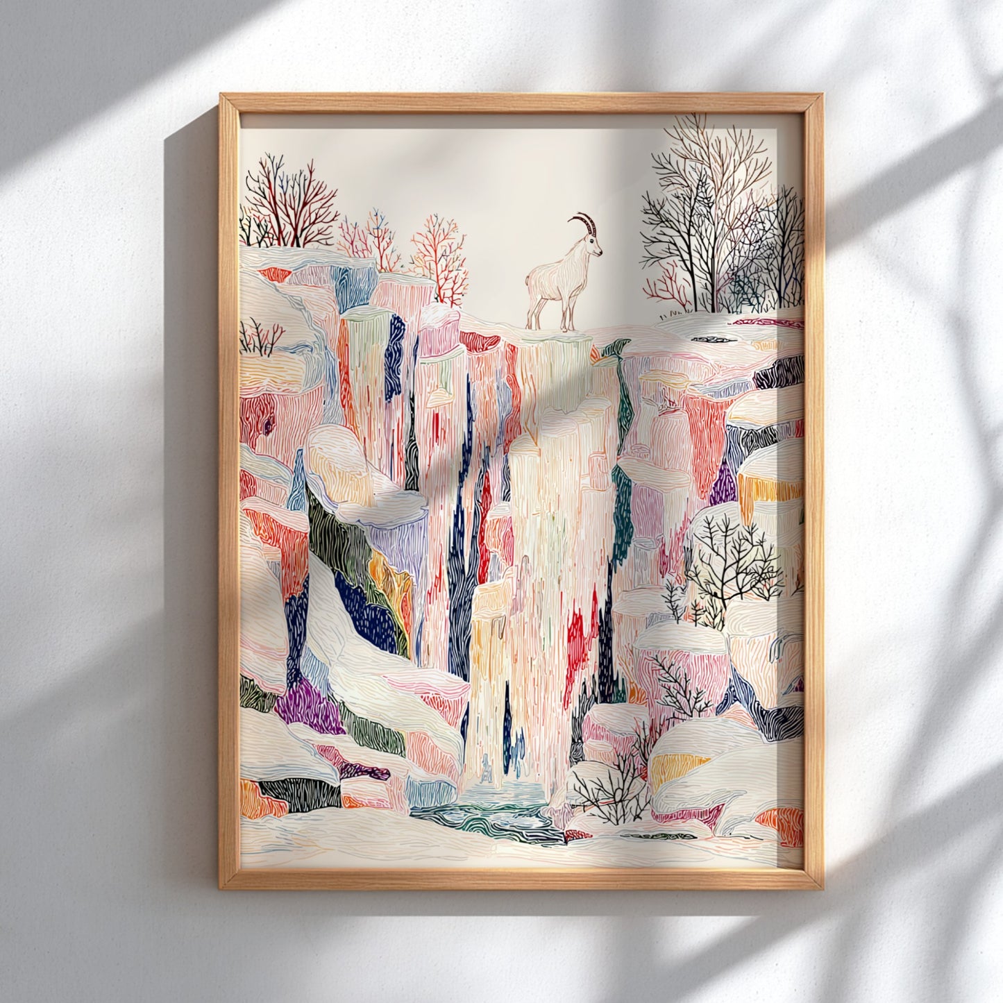 Glacier Falls Sapphire art print featuring a mountain goat on a cliff with colorful, textured rock f