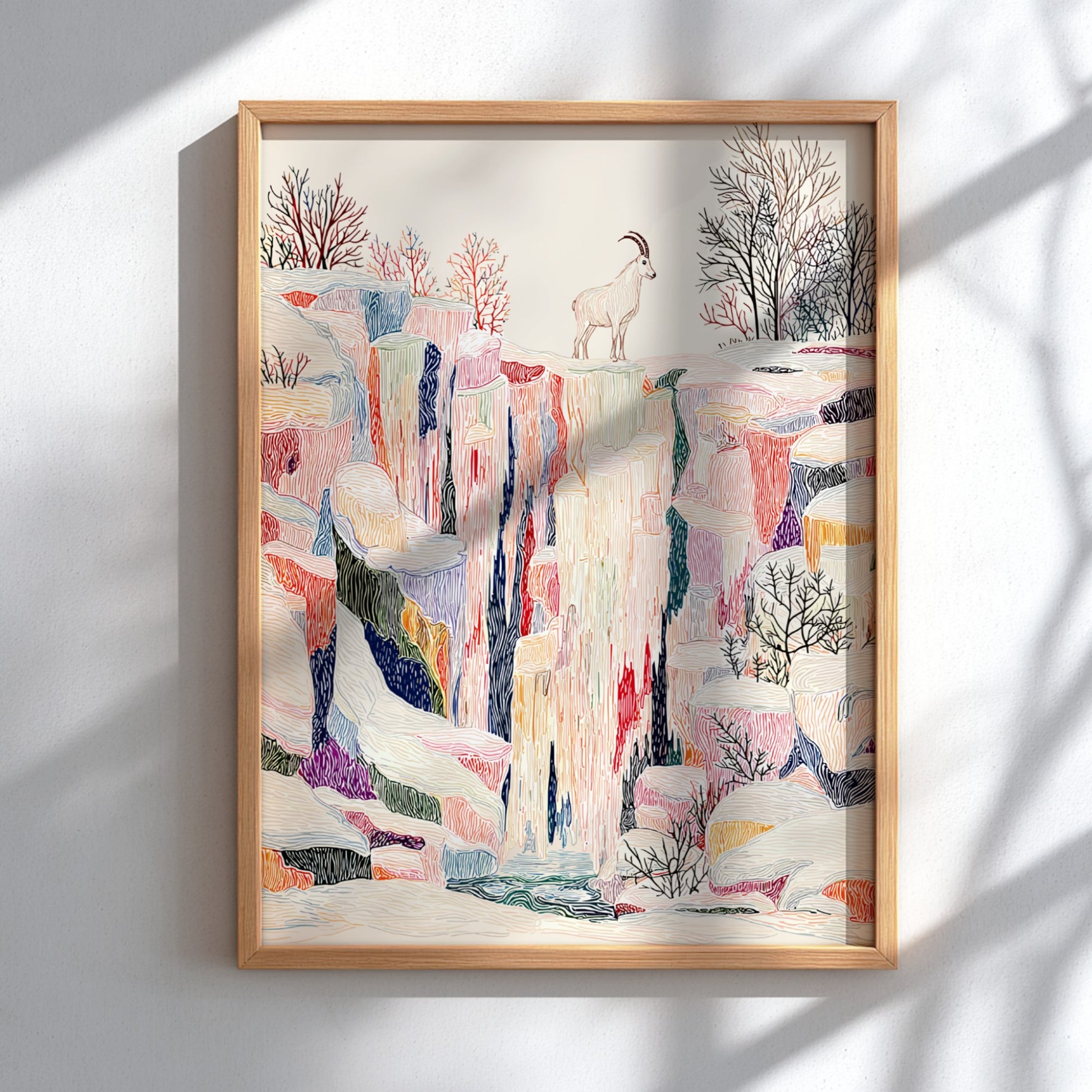Glacier Falls Sapphire art print featuring a mountain goat on a cliff with colorful, textured rock f
