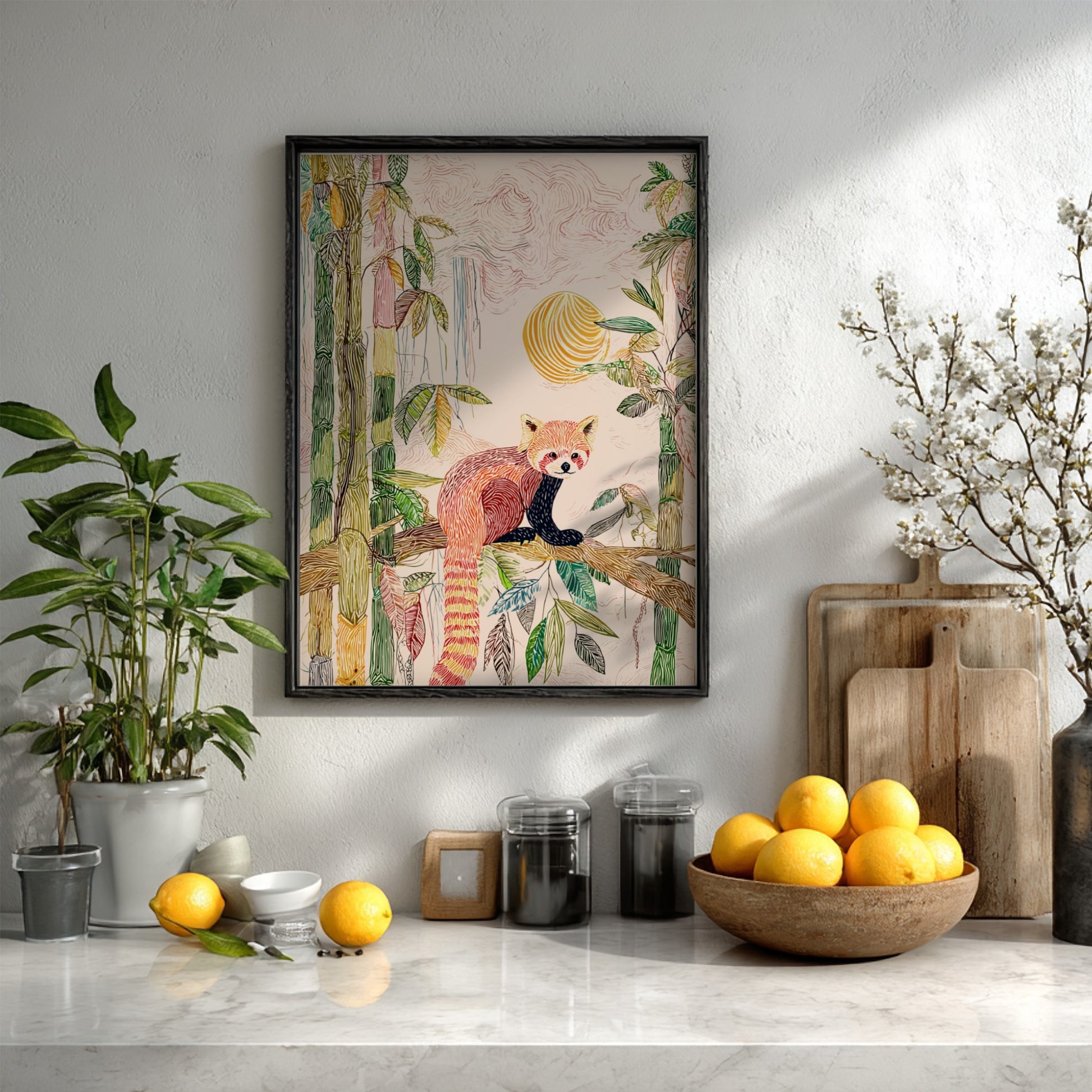 Red panda sitting on a branch in a bamboo forest with a soft sunrise, textured art print.