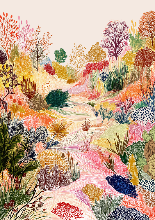 Colorful illustration of a forest path with various plants and trees.