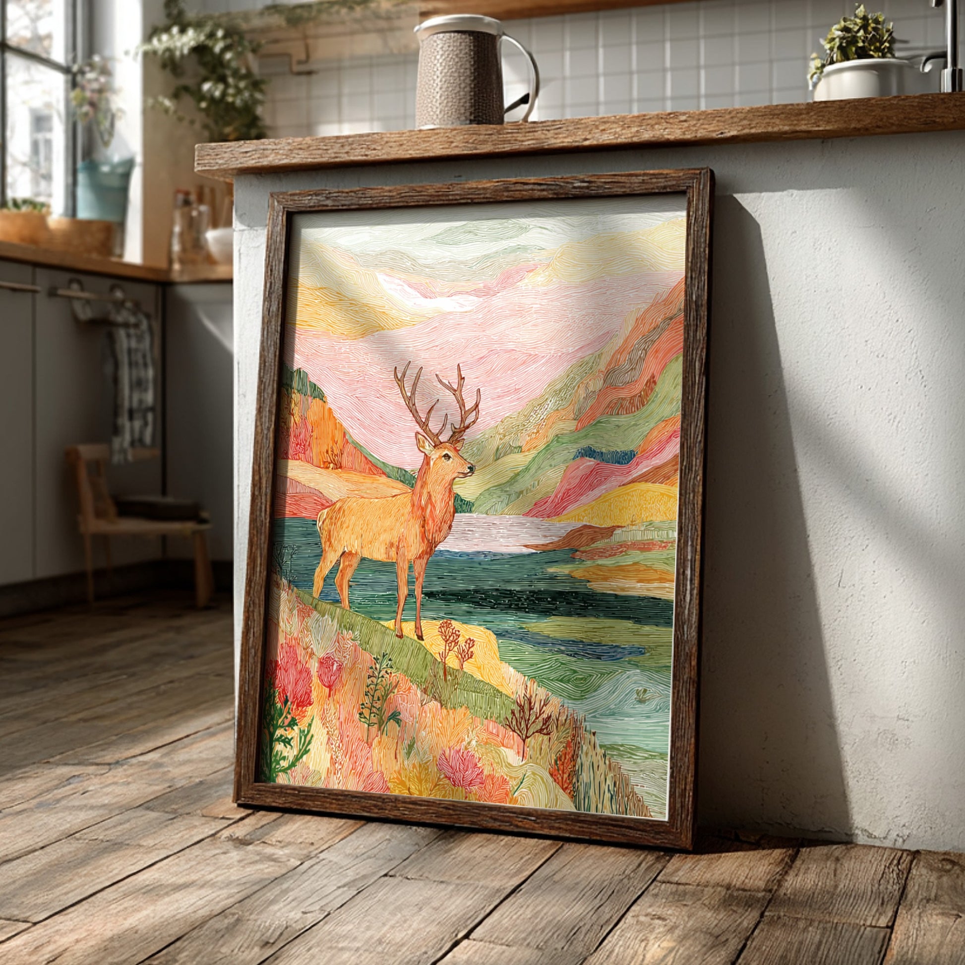 Bog Stag Storm landscape poster with a stag on a colorful hillside overlooking water.