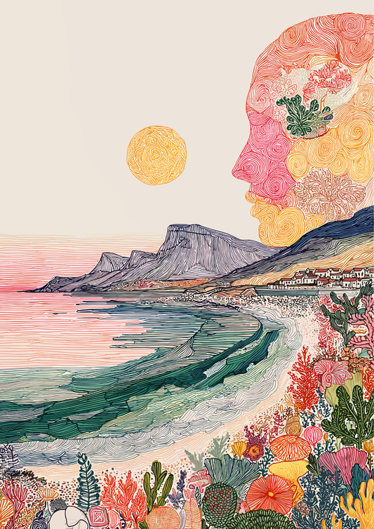 Artistic depiction of a coastal scene with a stylized face made of flowers and plants, set against a mountainous landscape.