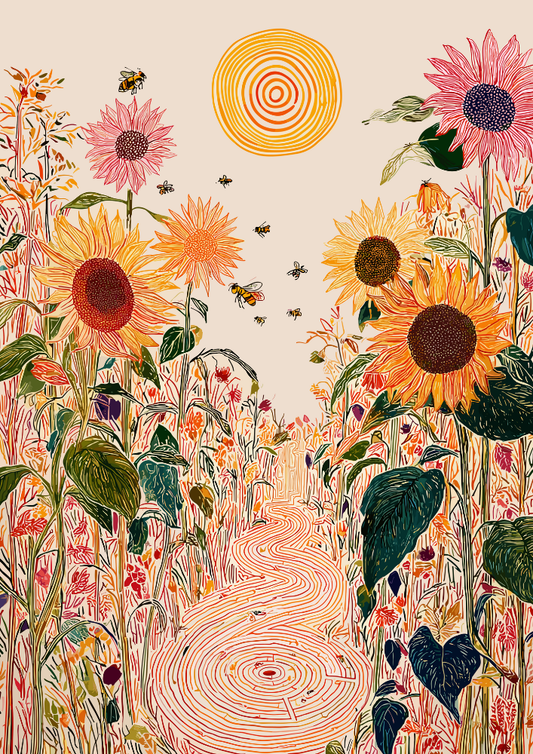 Illustration of a garden with sunflowers, bees, and a winding path on a beige background