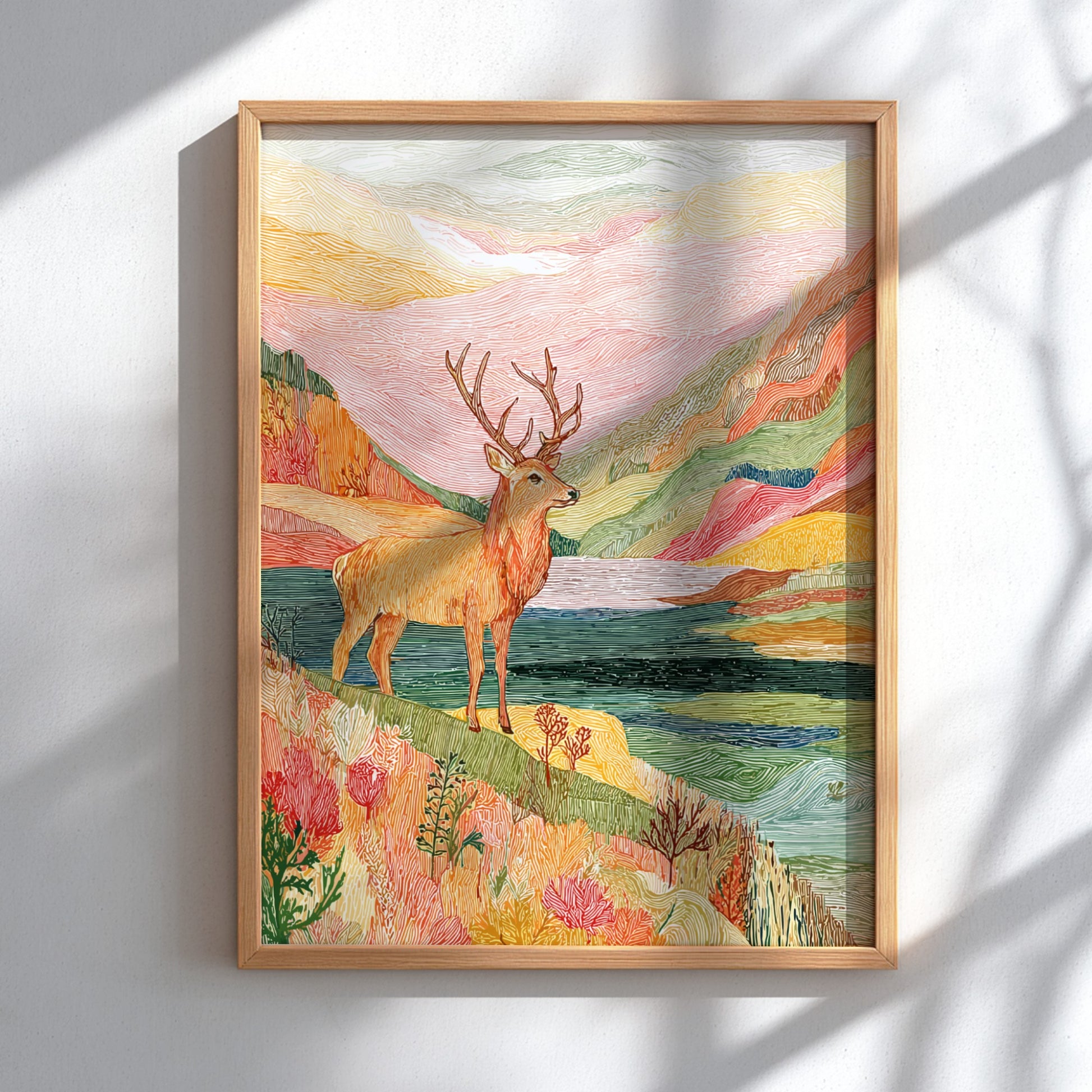 Bog Stag Storm landscape poster with a stag on a colorful hillside overlooking water.