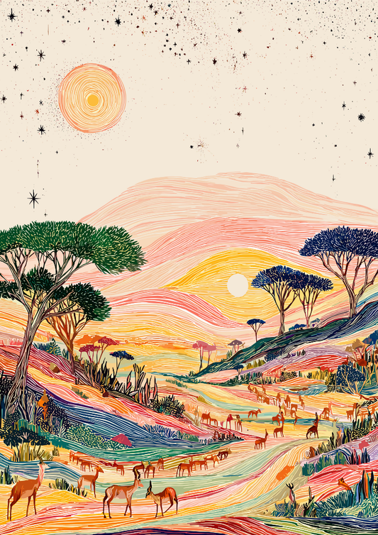 Colorful landscape with trees, animals, and a mountain under a starry sky.