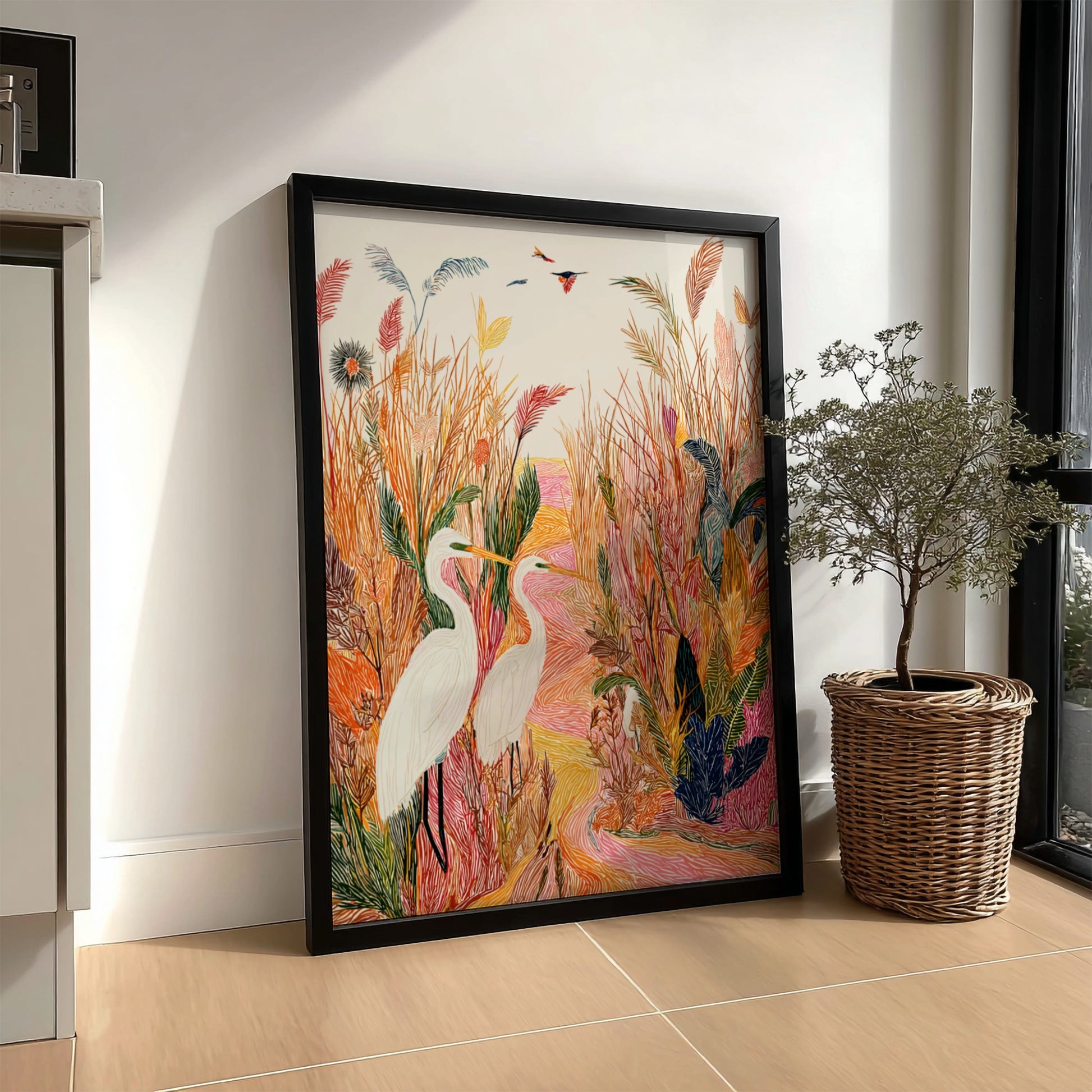 Salt Marsh Egret art print with two white egrets in a textured, colorful marsh landscape.