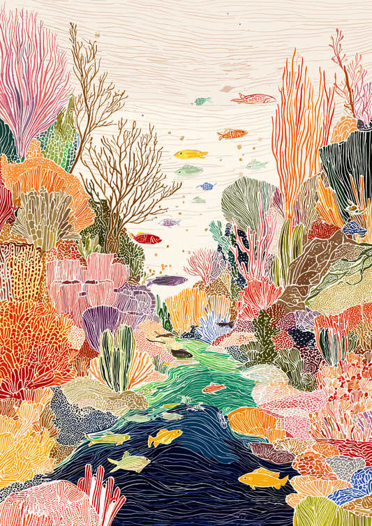 Colorful illustration of a coral reef with various corals and fish.