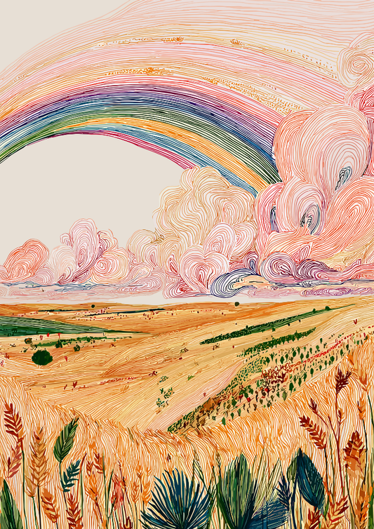 Colorful landscape with a rainbow, fields, and abstract clouds.