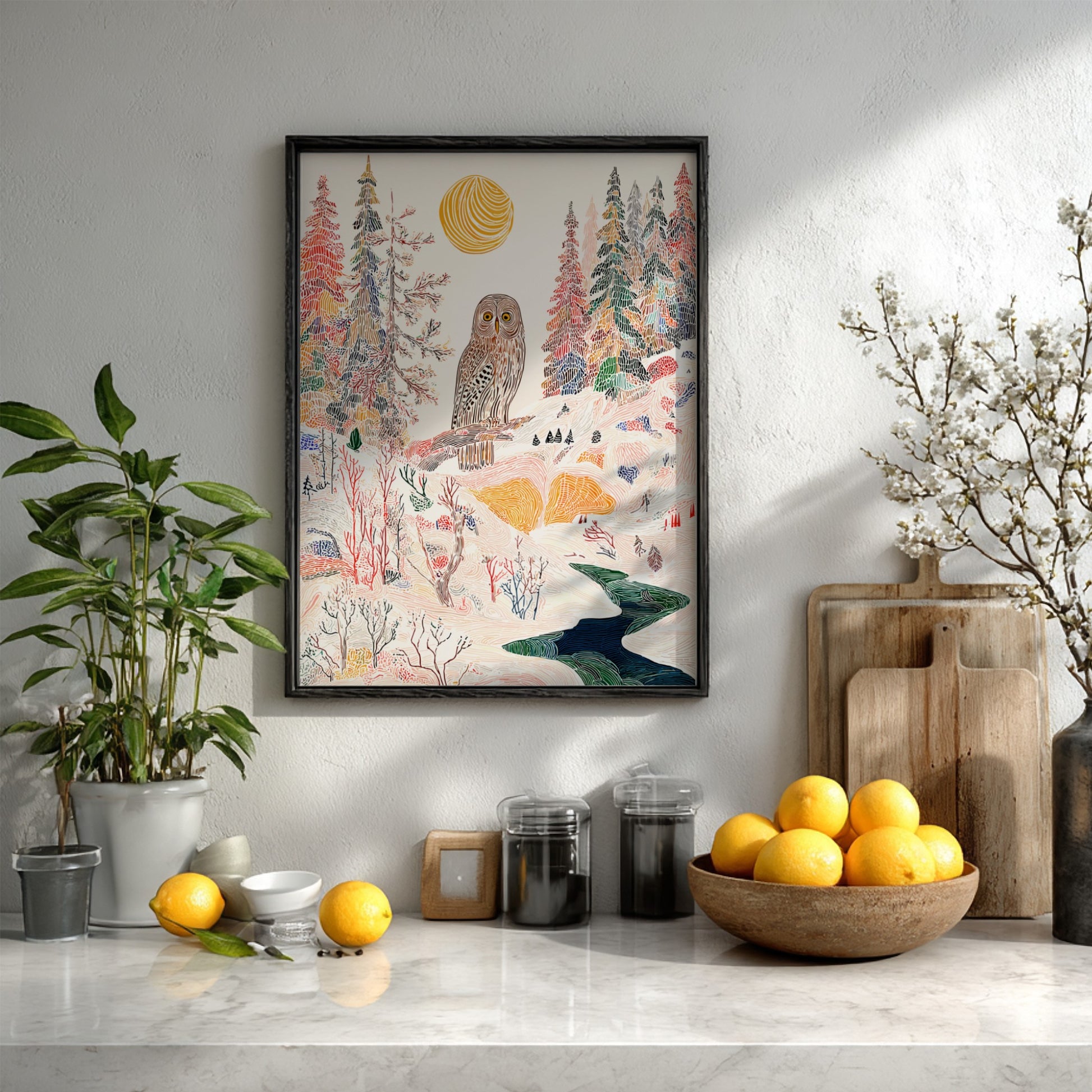 Pine Owl Indigo forest poster with an owl on a branch, stylized trees, and a winding river.