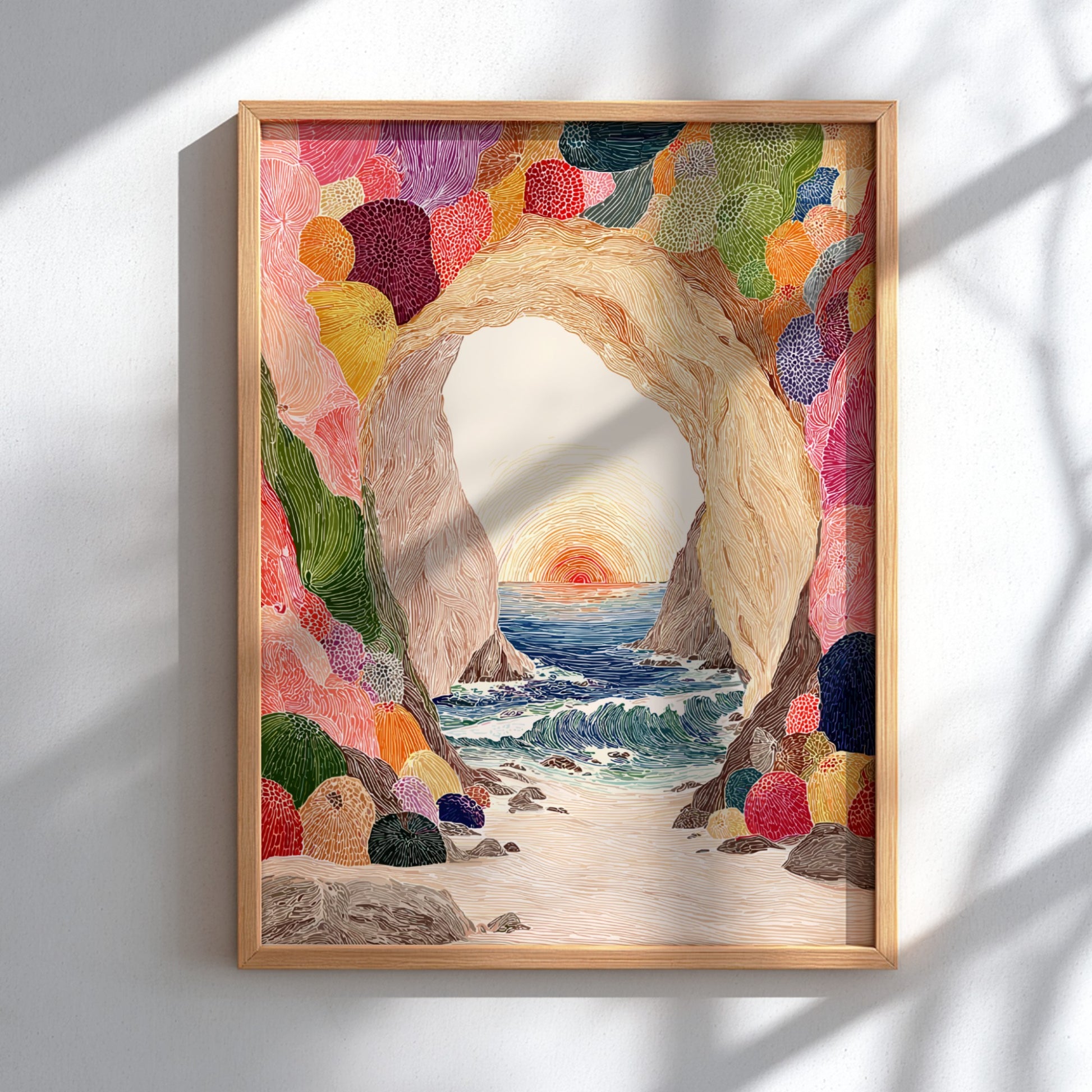 Tide Cave Sunset poster featuring a cave opening overlooking a colorful sunset over the ocean.