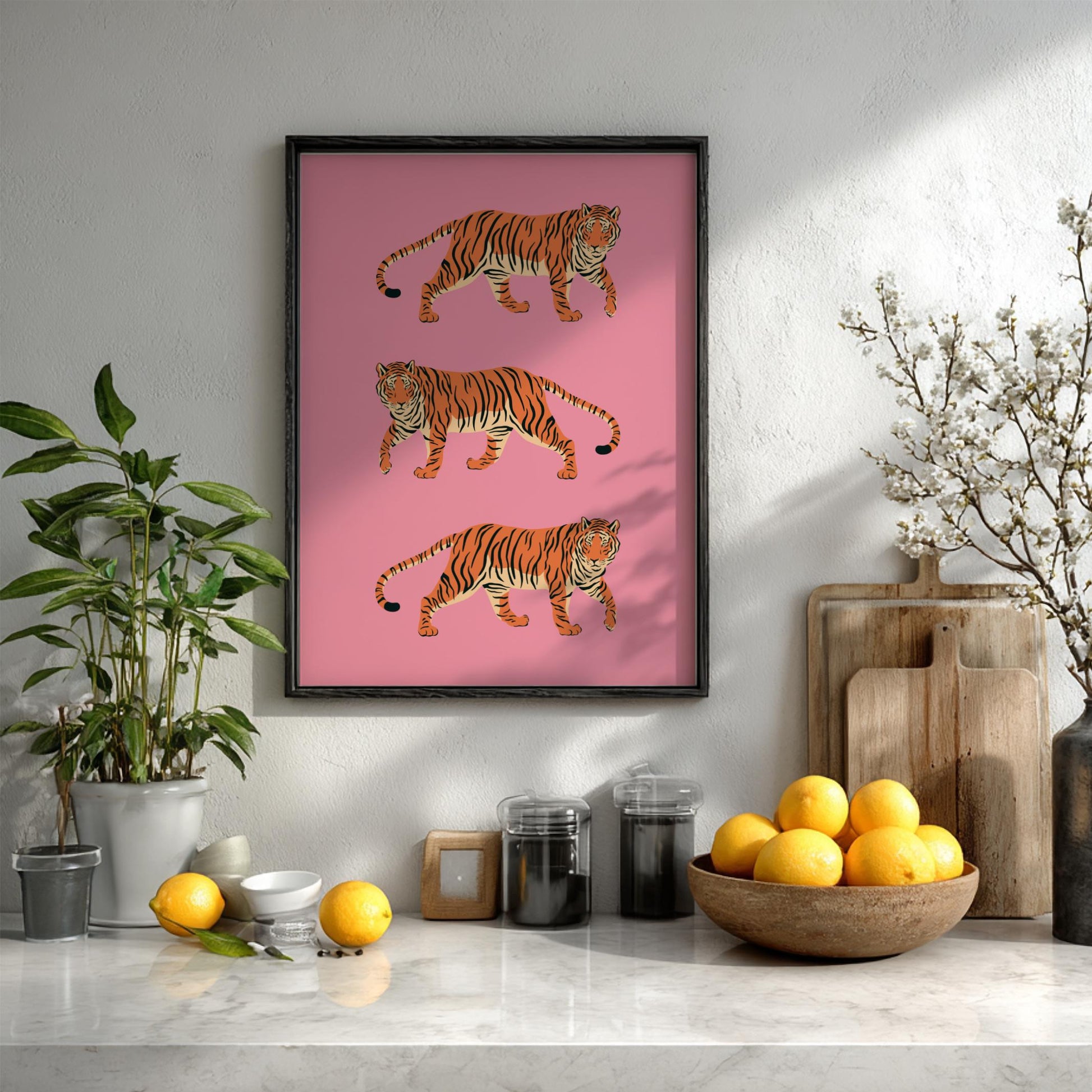 Trio Royale Modern Art - The 3 Tigers in Pink Wall Print