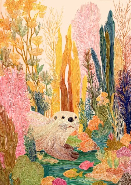 Kelp Otter Gold art print featuring a cute otter in a colorful underwater kelp forest.
