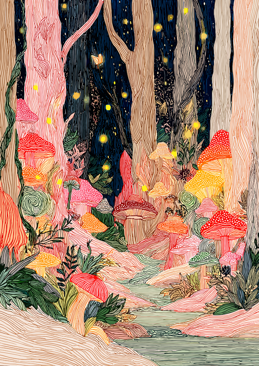 Colorful illustration of a forest with mushrooms and glowing elements